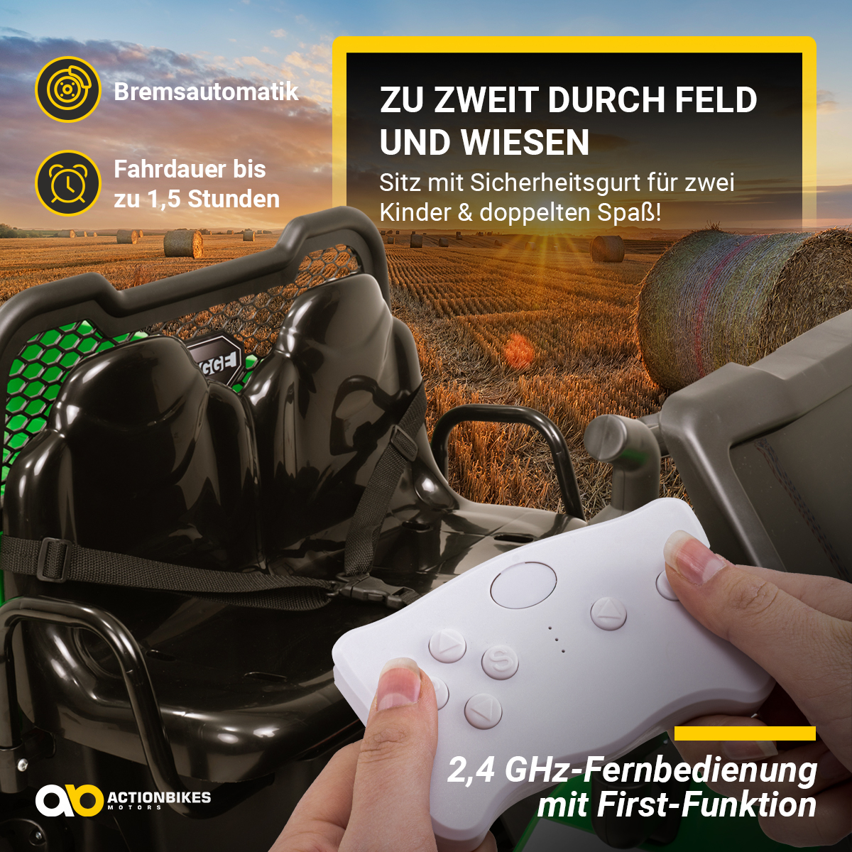 Kinderspielzeugauto mit Fernbedienung auf einem Feld. Heuballen im Hintergrund.