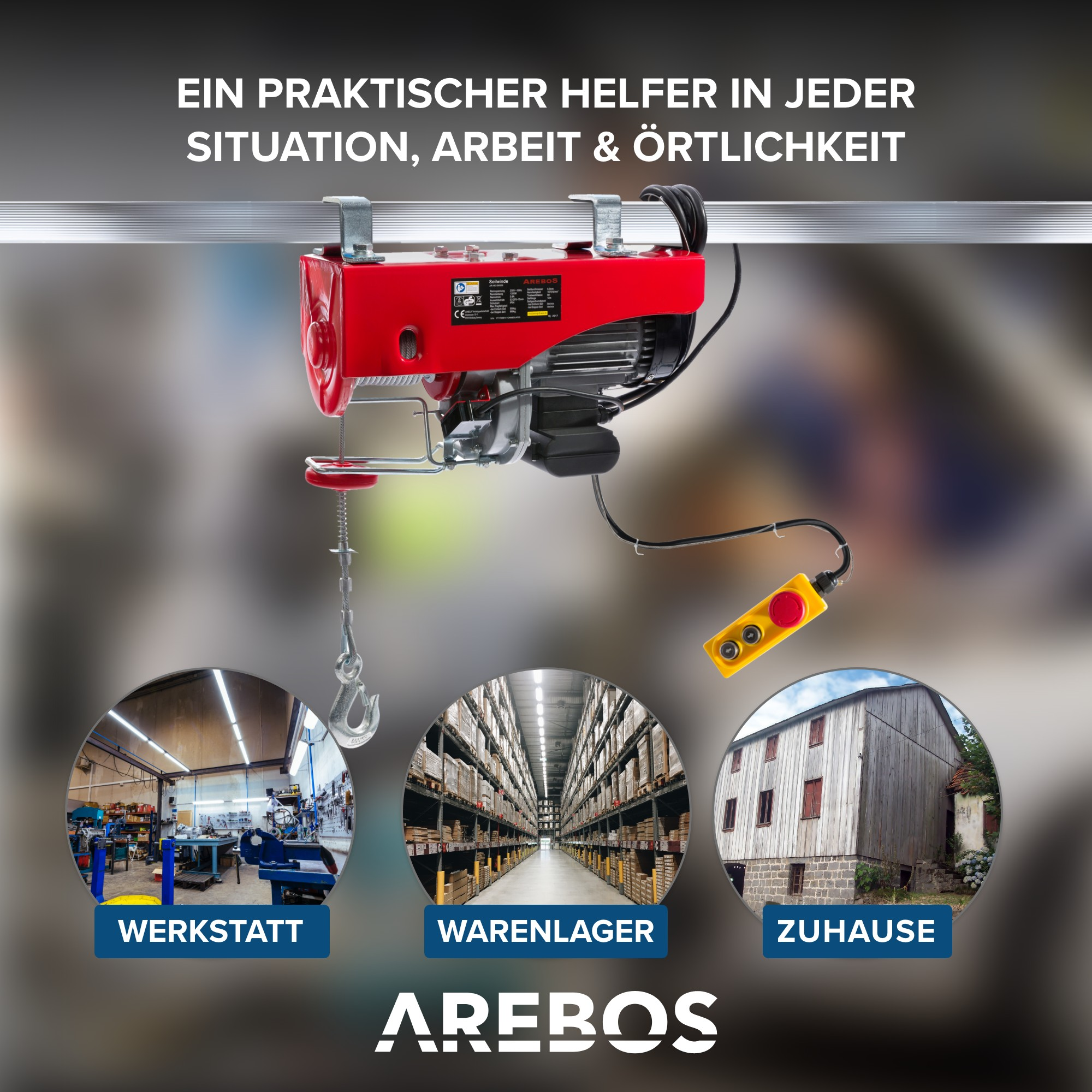 Roter Hebezeug, mit Text und Bildern einer Werkstatt, eines Lagers und eines Zuhauses.