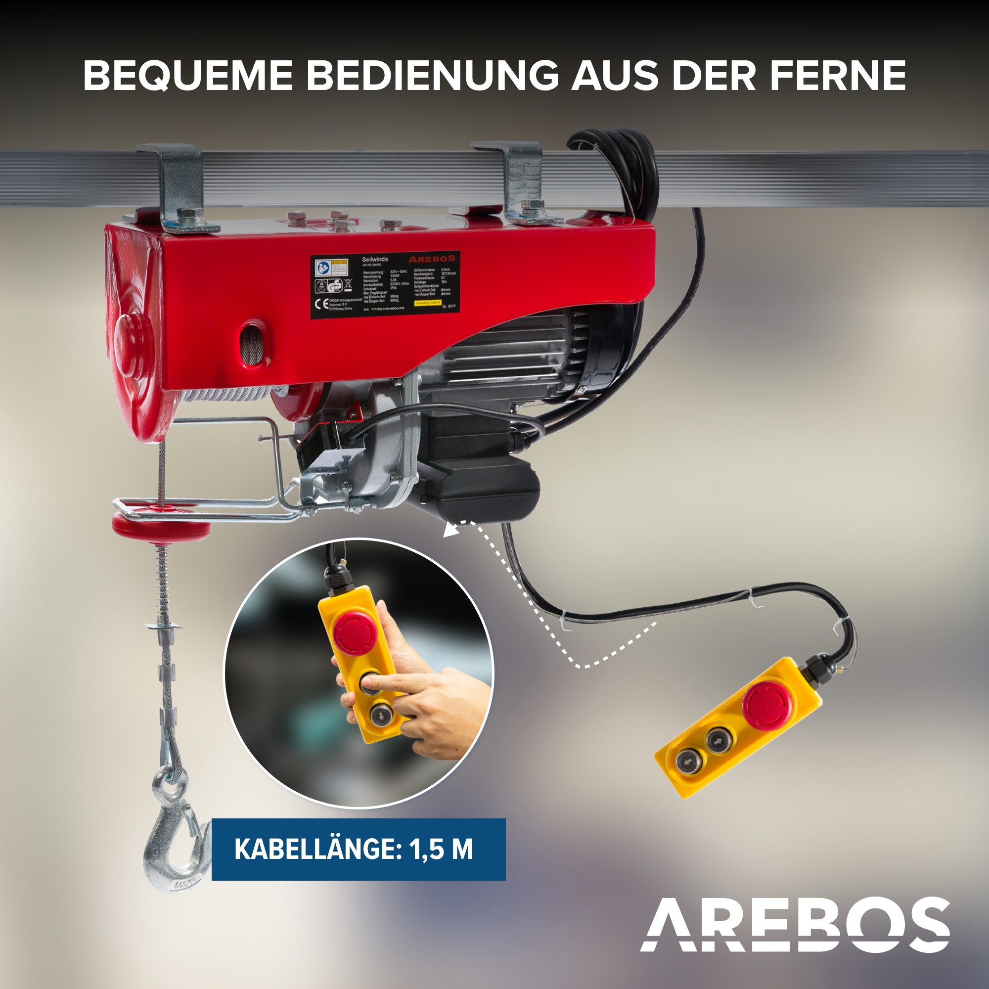 Roter Elektro-Hebezug mit Fernbedienung. Text: 'AREBOS' und 'KABELLÄNGE: 1,5 M'.