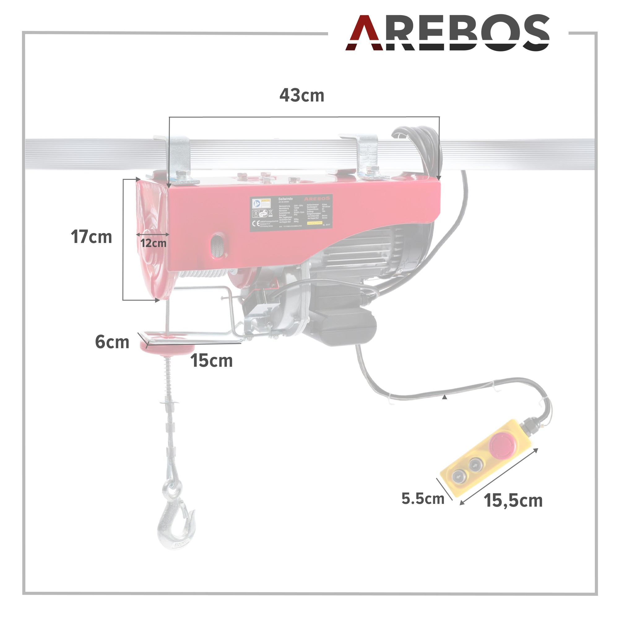 Ein roter AREBOS Elektro-Seilzug mit Messungen. Es hat einen Haken und eine Fernbedienung.