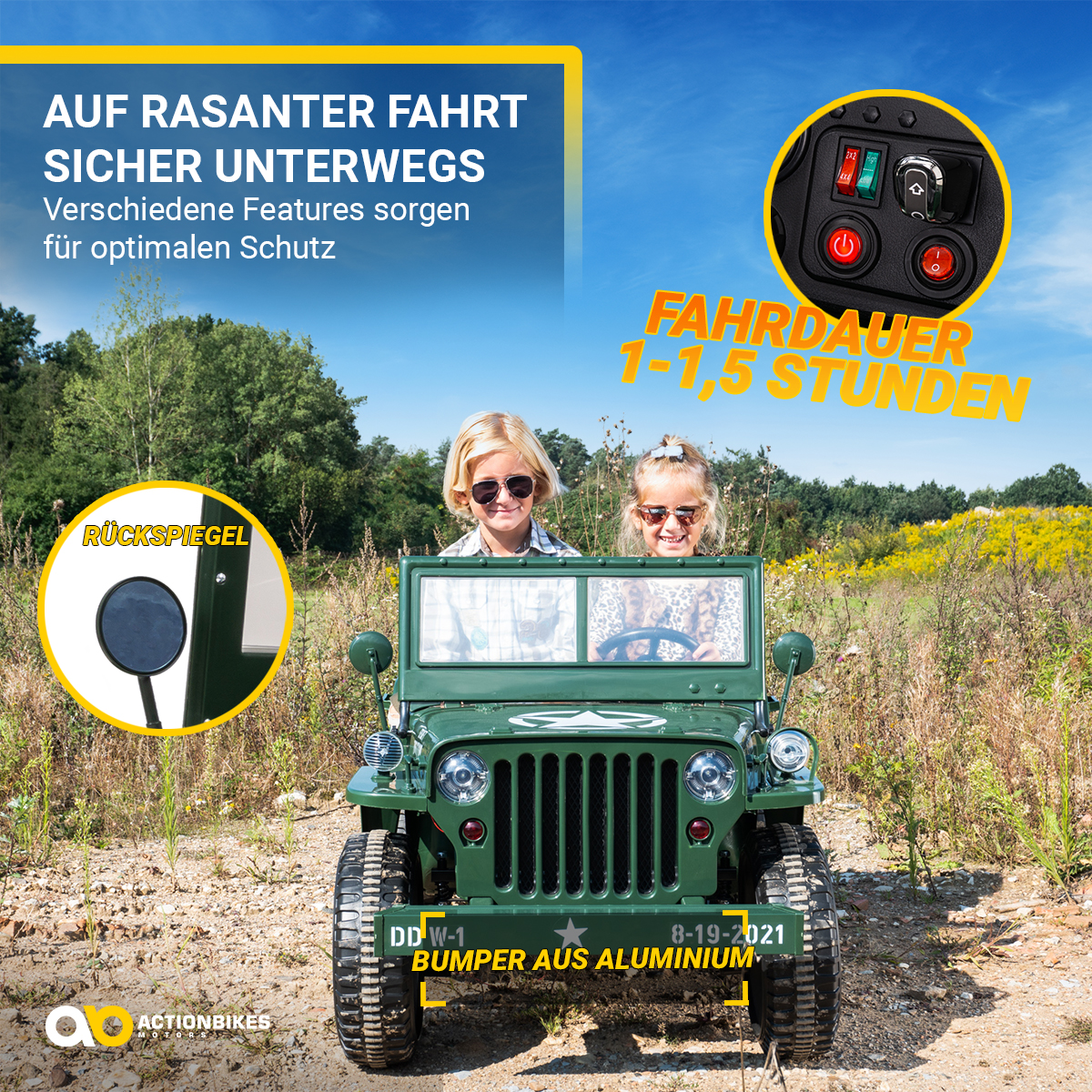 Zwei Kinder in einem grünen Spielzeug-Jeep fahren auf einer unbefestigten Straße, Textüberlagerungen.