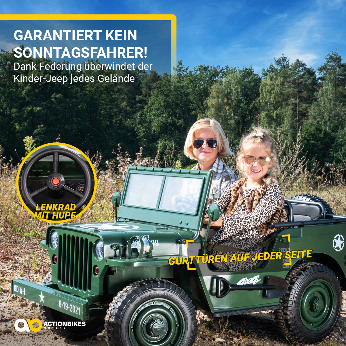Grüner Spielzeug-Jeep mit Kindern, Text: Dank Federung überwindet der Kinder-Jeep jedes Geländ.