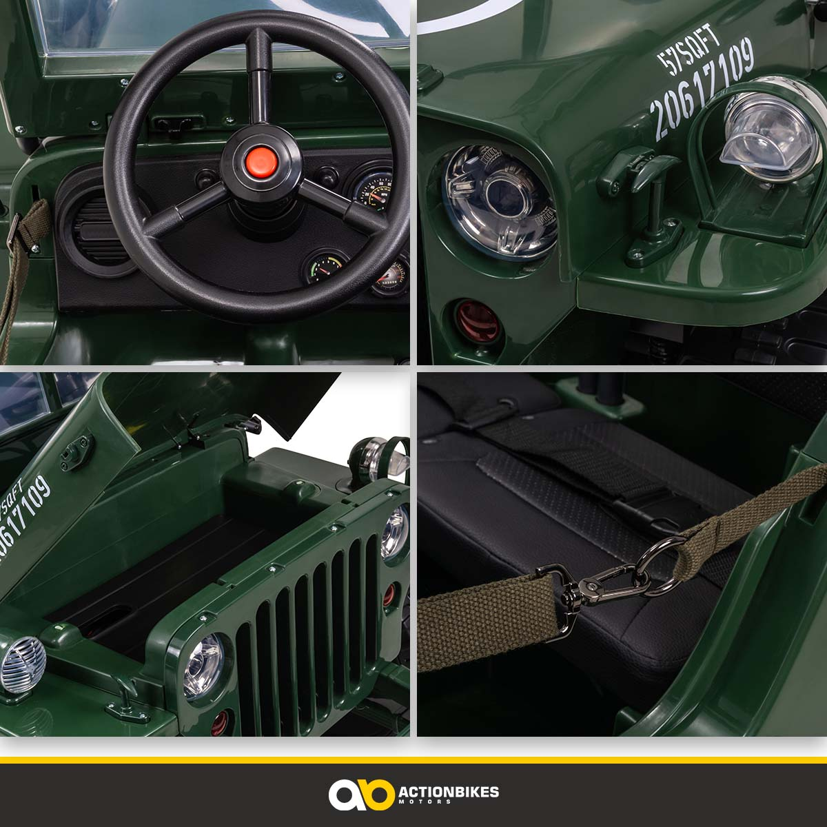 Grüner Spielzeug-Jeep. Verschiedene Detailaufnahmen von Armaturenbrett...