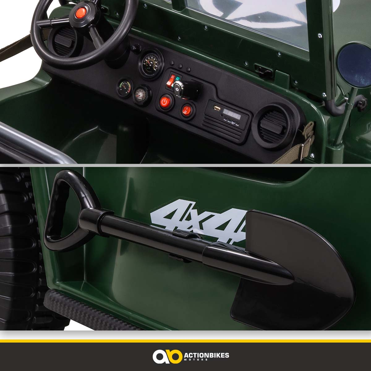 Armaturenbrett eines Spielzeugjeeps und ein Spaten, grüne Farbe. Der Jeep hat 4x4- und Actionbikes-Logos.