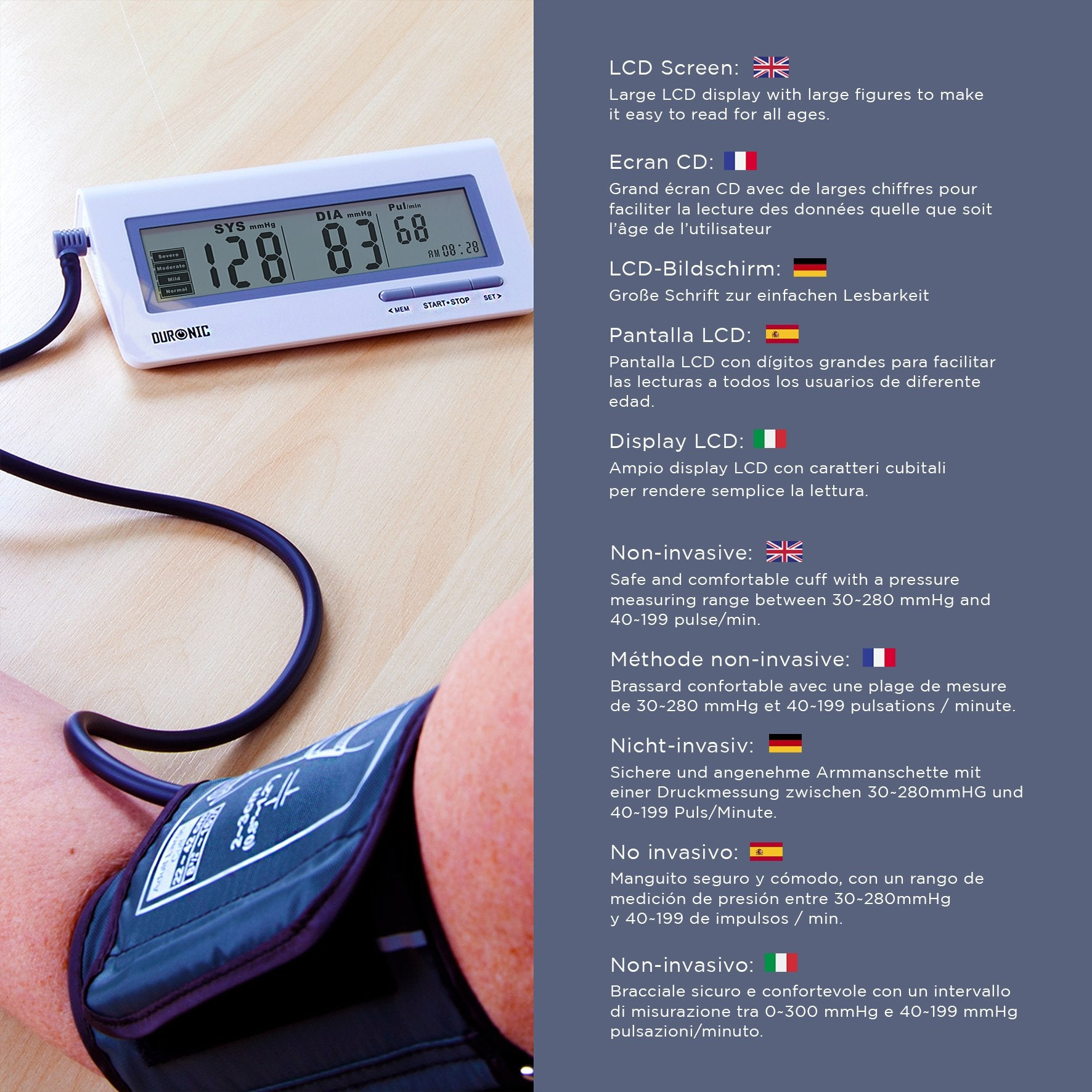 Blutdruckmessgerät mit Armmanschette. Das Gerät zeigt Messwerte mit Text daneben.