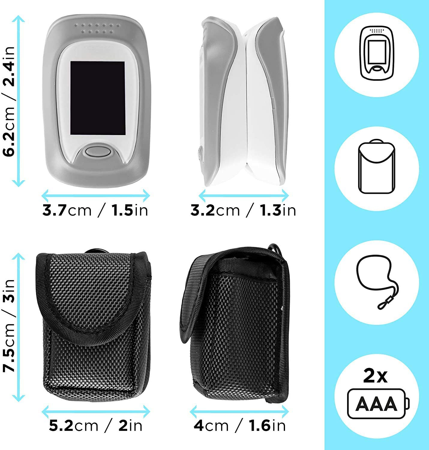 Dispositivo médico con dimensiones, estuche y cordón.