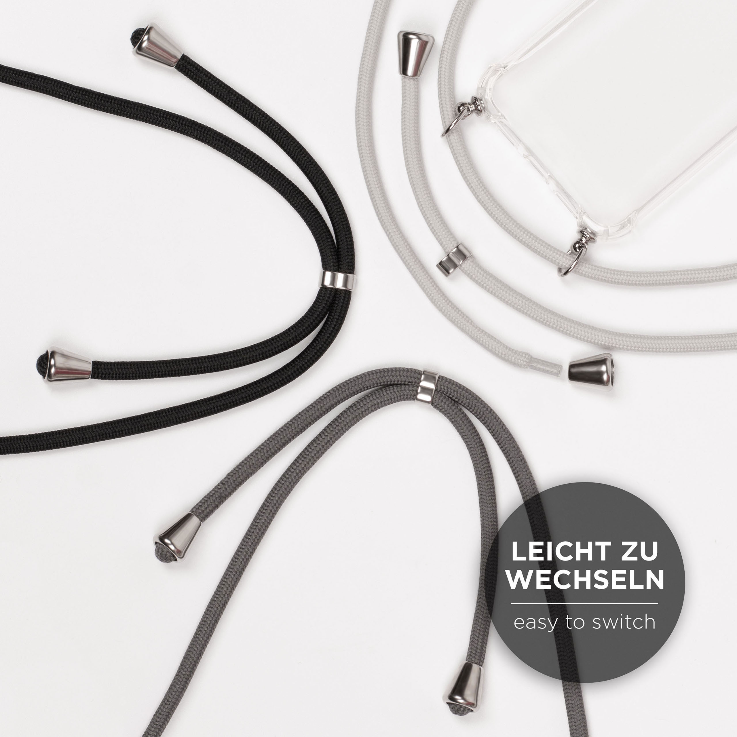 Verschiedene Telefon-Lanyards in verschiedenen Farben und einem Text mit „easy to switch“.