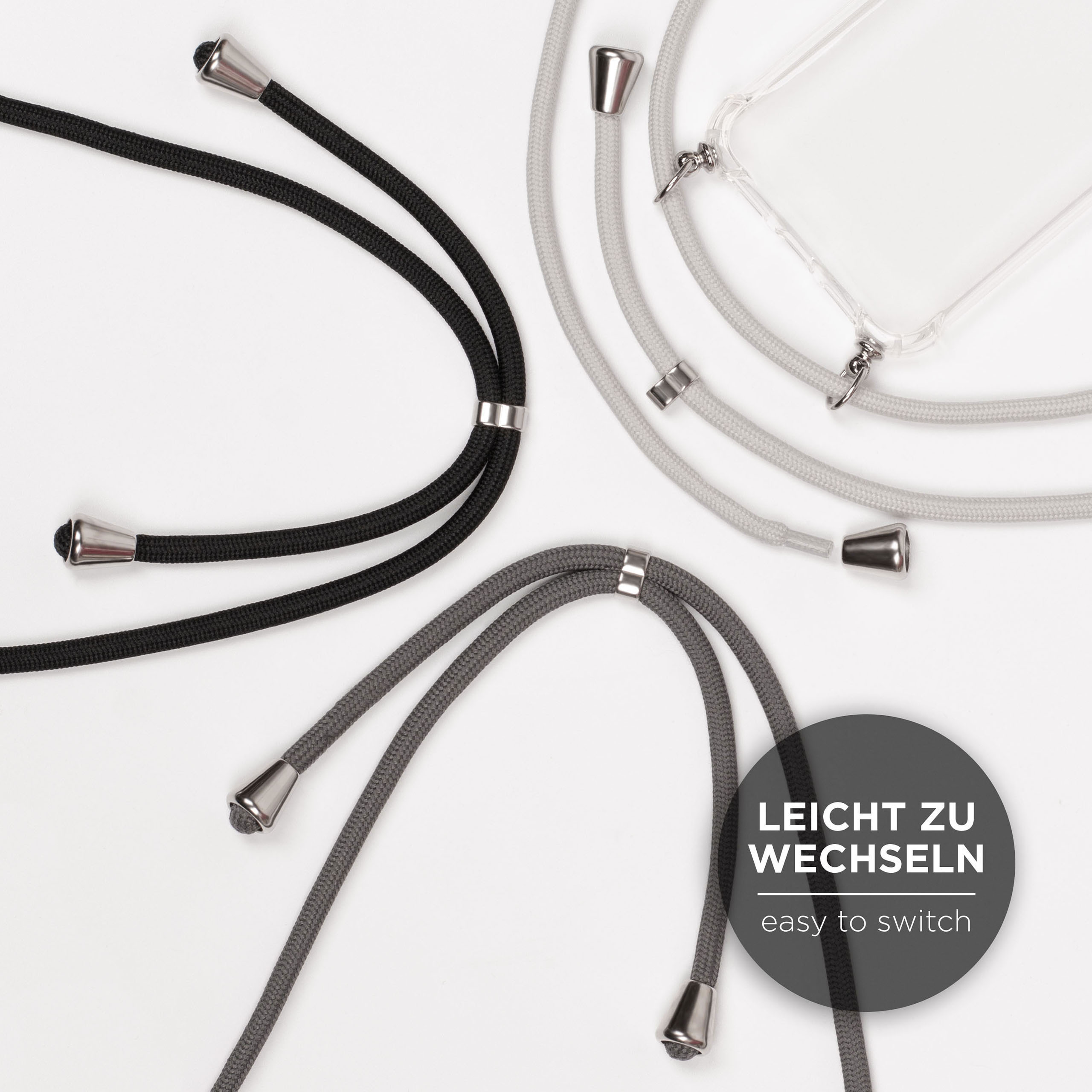 Handy-Lanyards in verschiedenen Farben und Stilen, mit dem Text 'leicht zu wechseln'.