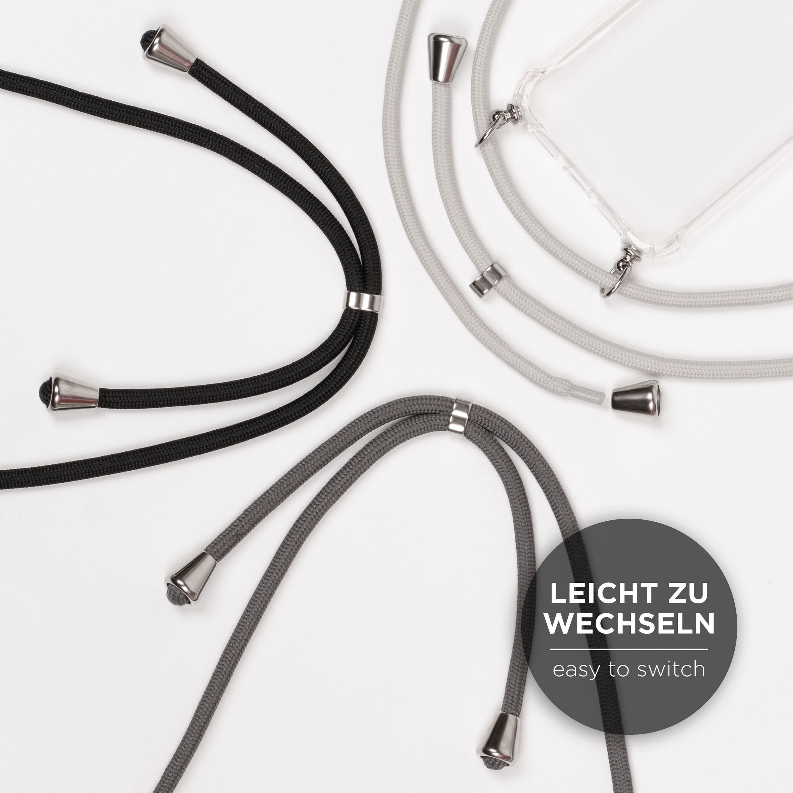 Mehrere Handy-Lanyards in verschiedenen Farben, plus Kreis mit Text 'easy to switch'.