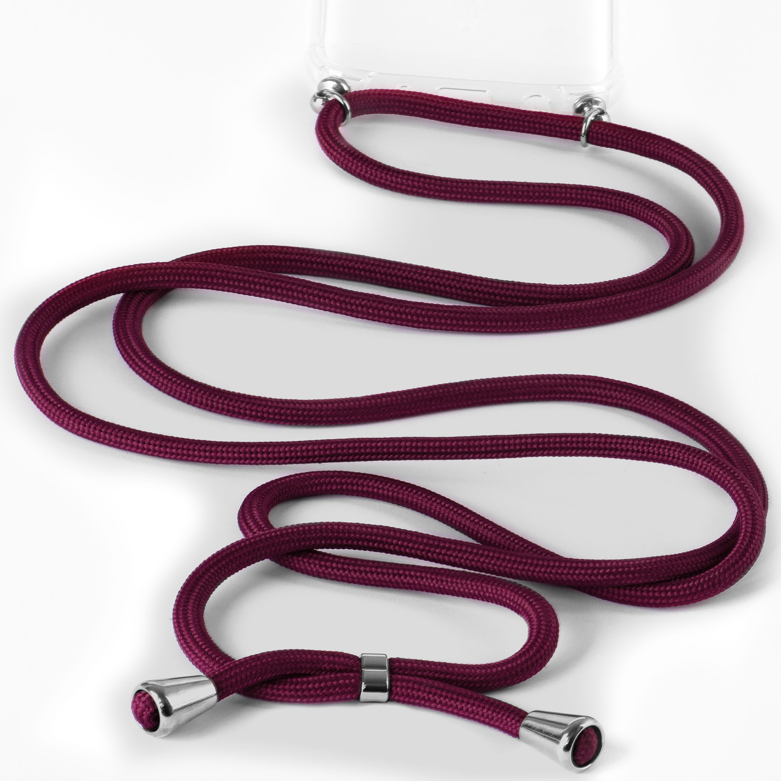 Burgunderfarbenes Handy-Lanyard-Band mit silberfarbenen Spitzen und Schlaufen, auf weißem Hintergrund.
