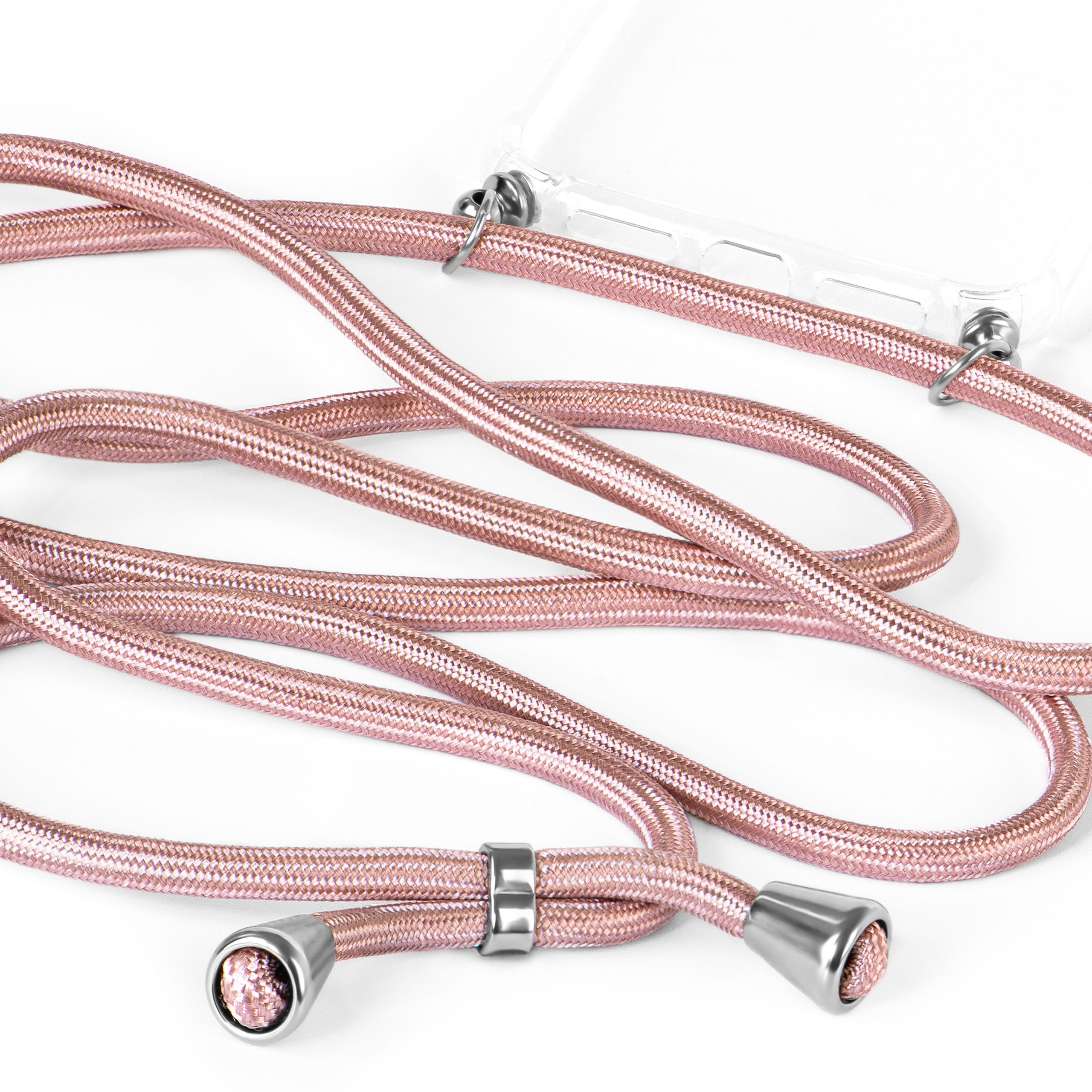 Ein roségoldenes Telefon-Lanyard mit geflochtenem Kordel und silberfarbenen Metallakzenten auf weißem Hintergrund.