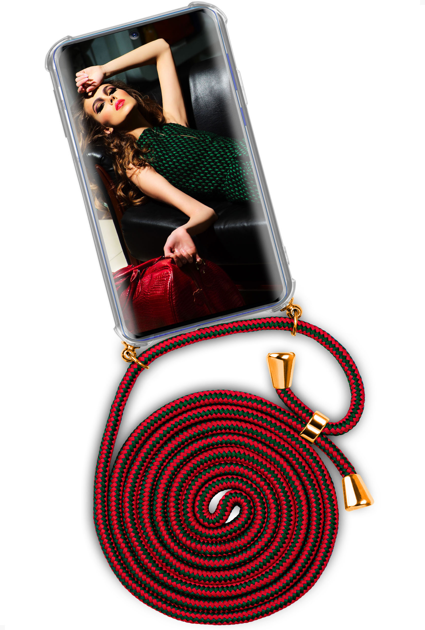 Telefon mit Frauenfoto in klarer Hülle. Rot-grüner Riemen.