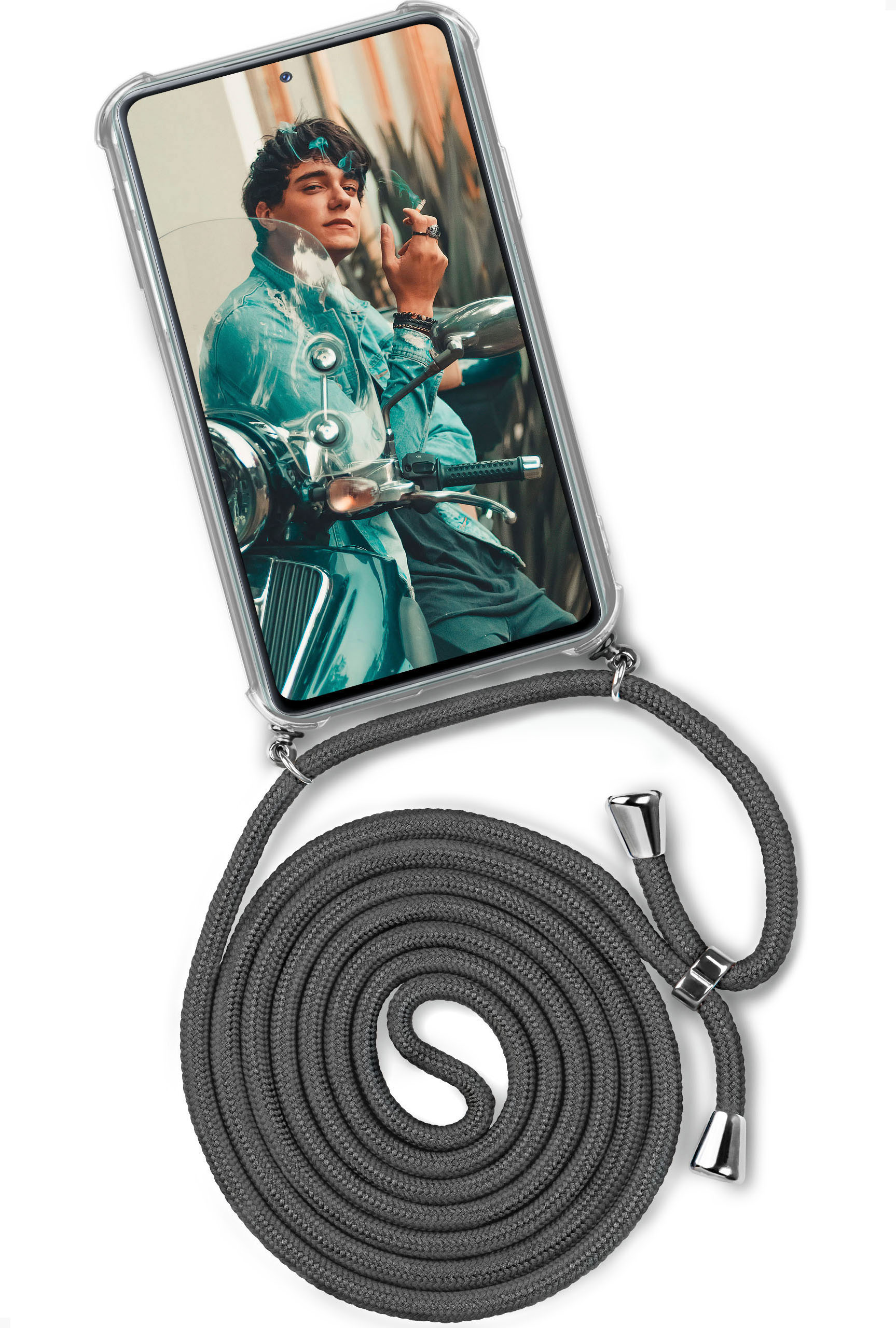 Handyhülle mit einem Mann auf einem Roller, verbunden mit einem grauen Kabel.