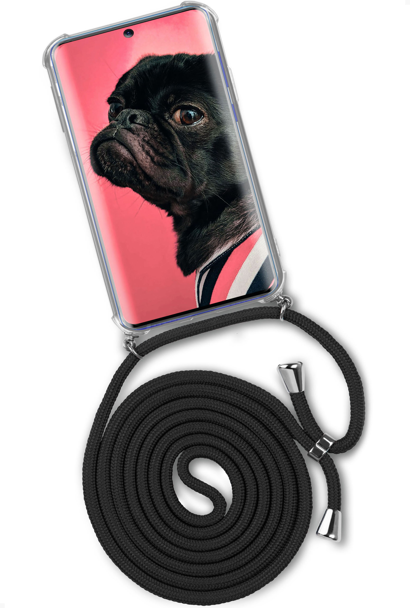 Schwarze Möpse auf dem Telefon. Schwarzes Telefonband.
