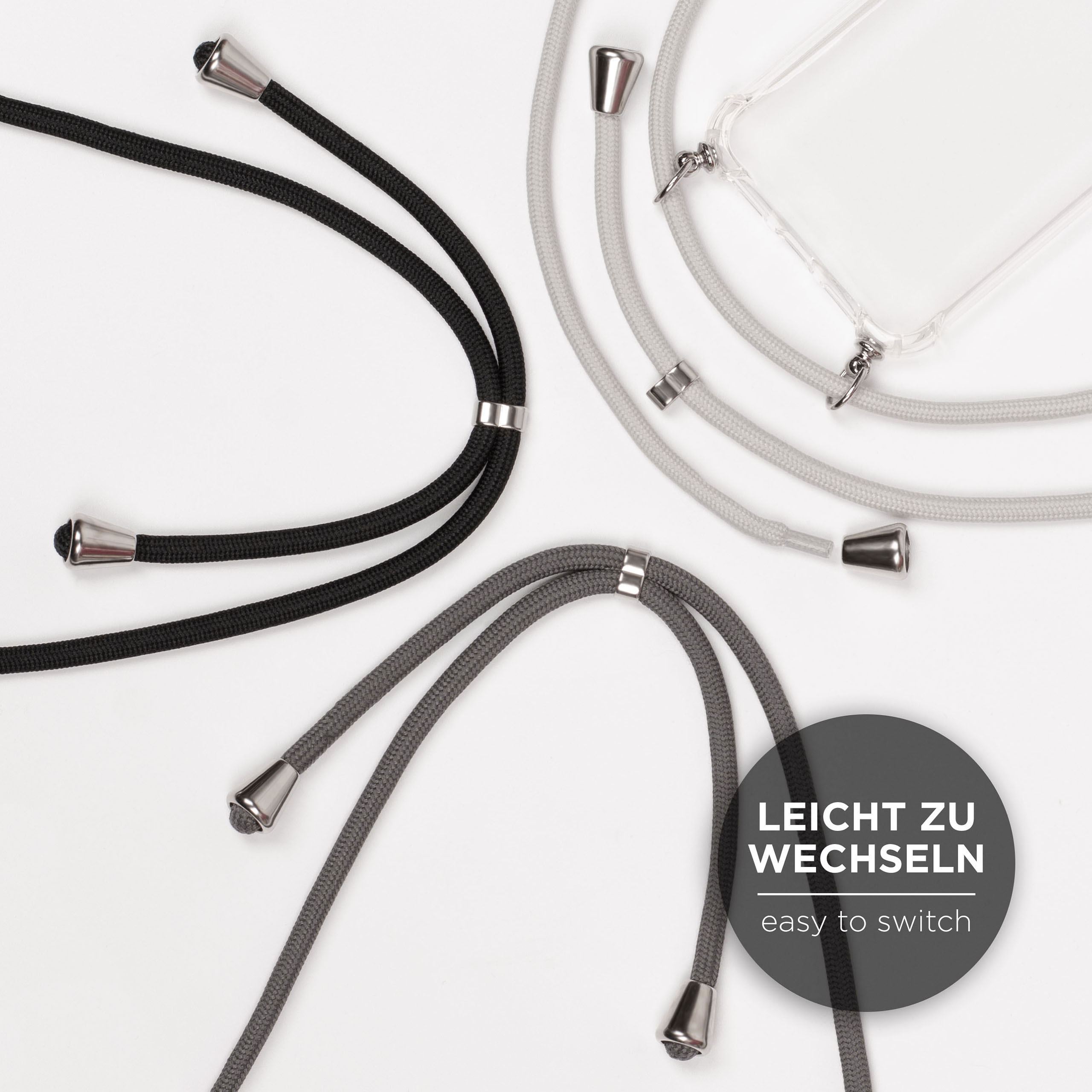 Verschiedene Telefon-Lanyards mit unterschiedlich farbigen Kordeln und silbernen Metallbefestigungen.