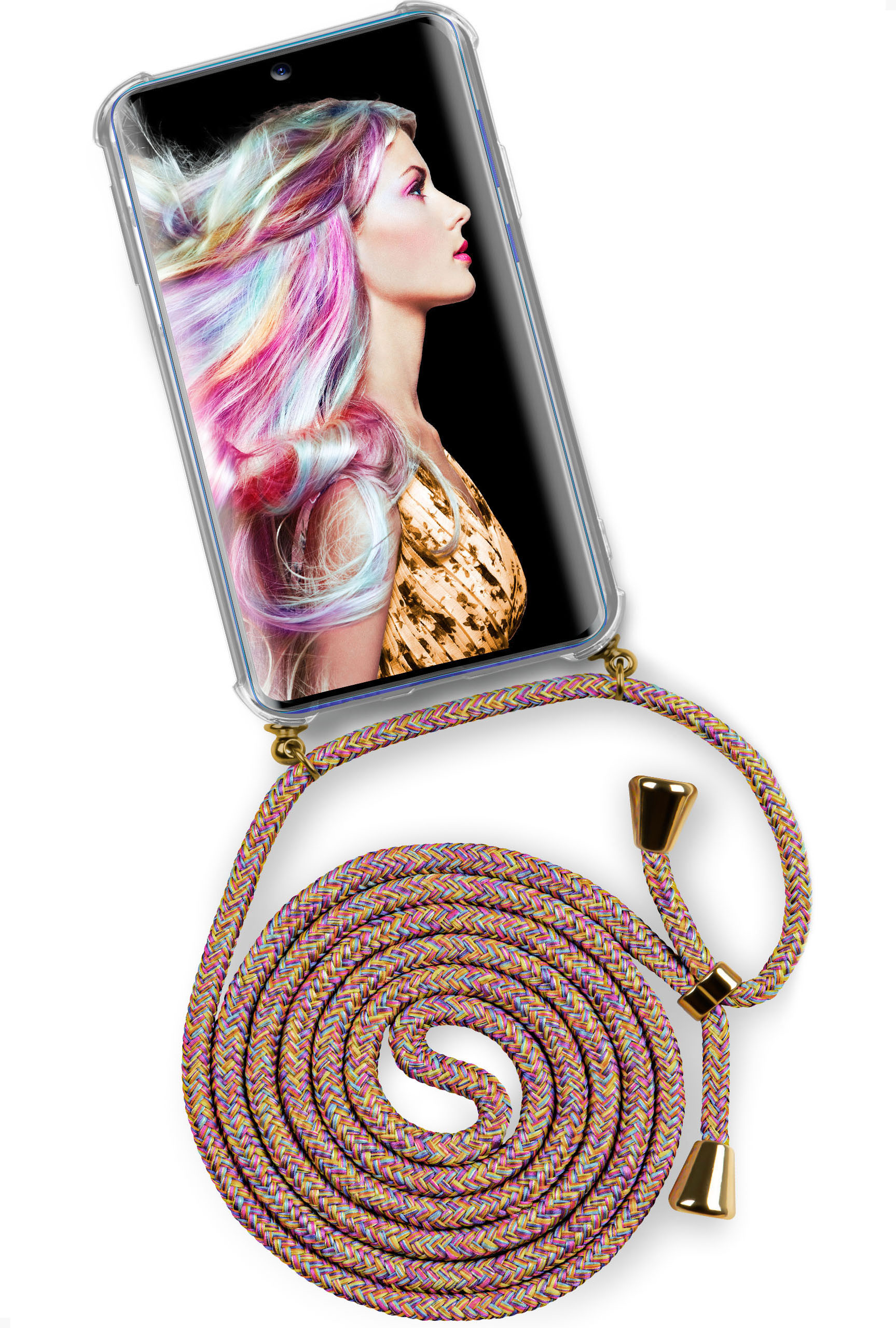 Telefon mit Frau, buntem Haar. Mehrfarbiges Kabel, goldene Spitzen.