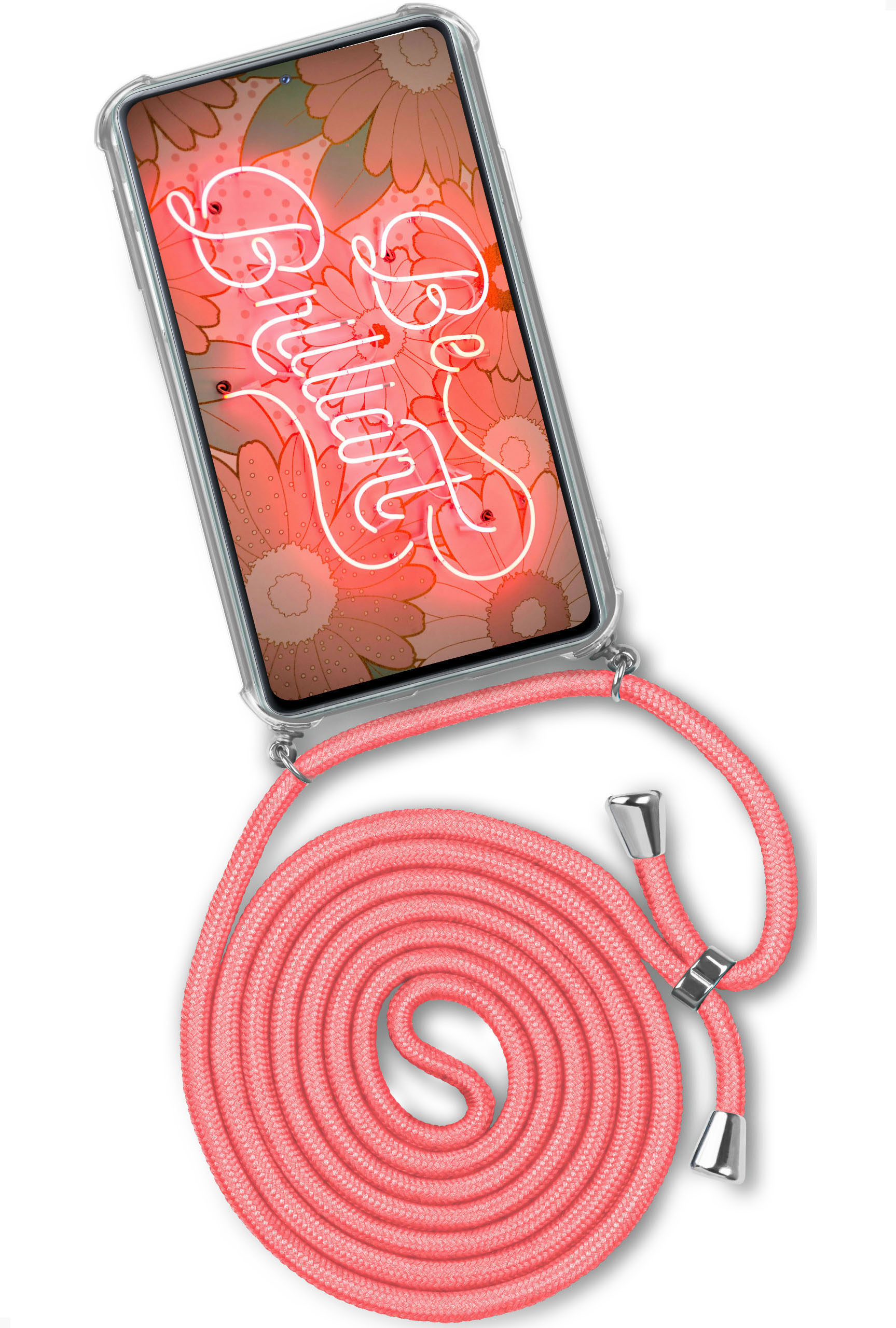 Telefon mit pinkfarbenem Schlüsselband. Das Display zeigt Text 'Be Brilliant' auf floralem Hintergrund.