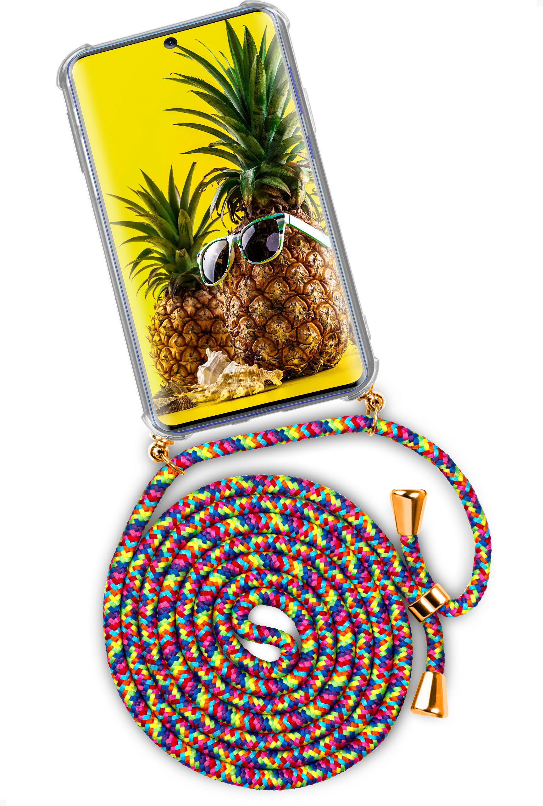 Handyhülle mit Ananas, Sonnenbrille und Regenbogenband.
