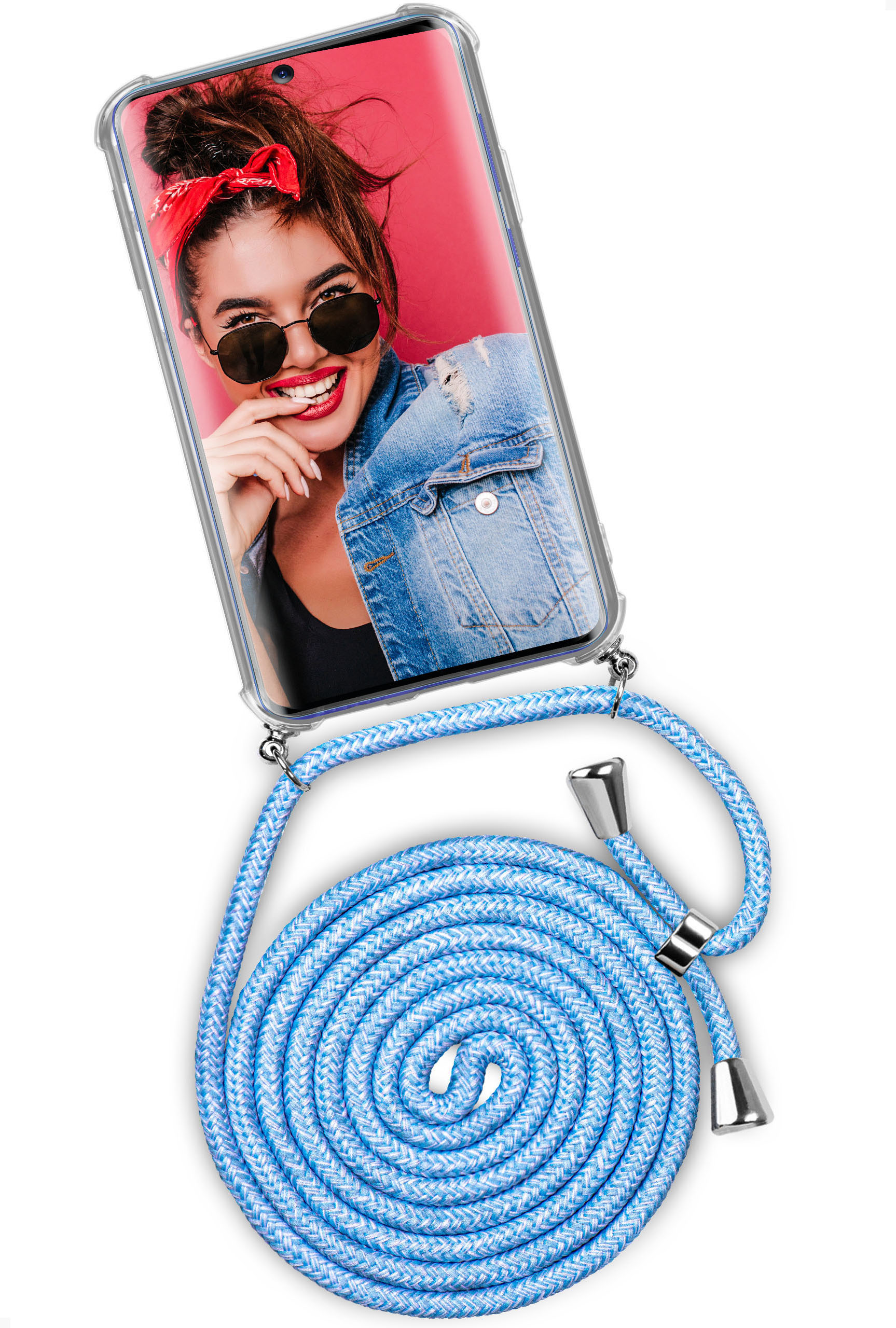 Telefon mit Bild einer Frau mit Sonnenbrille. Blaues Kabel. Weißer Hintergrund.