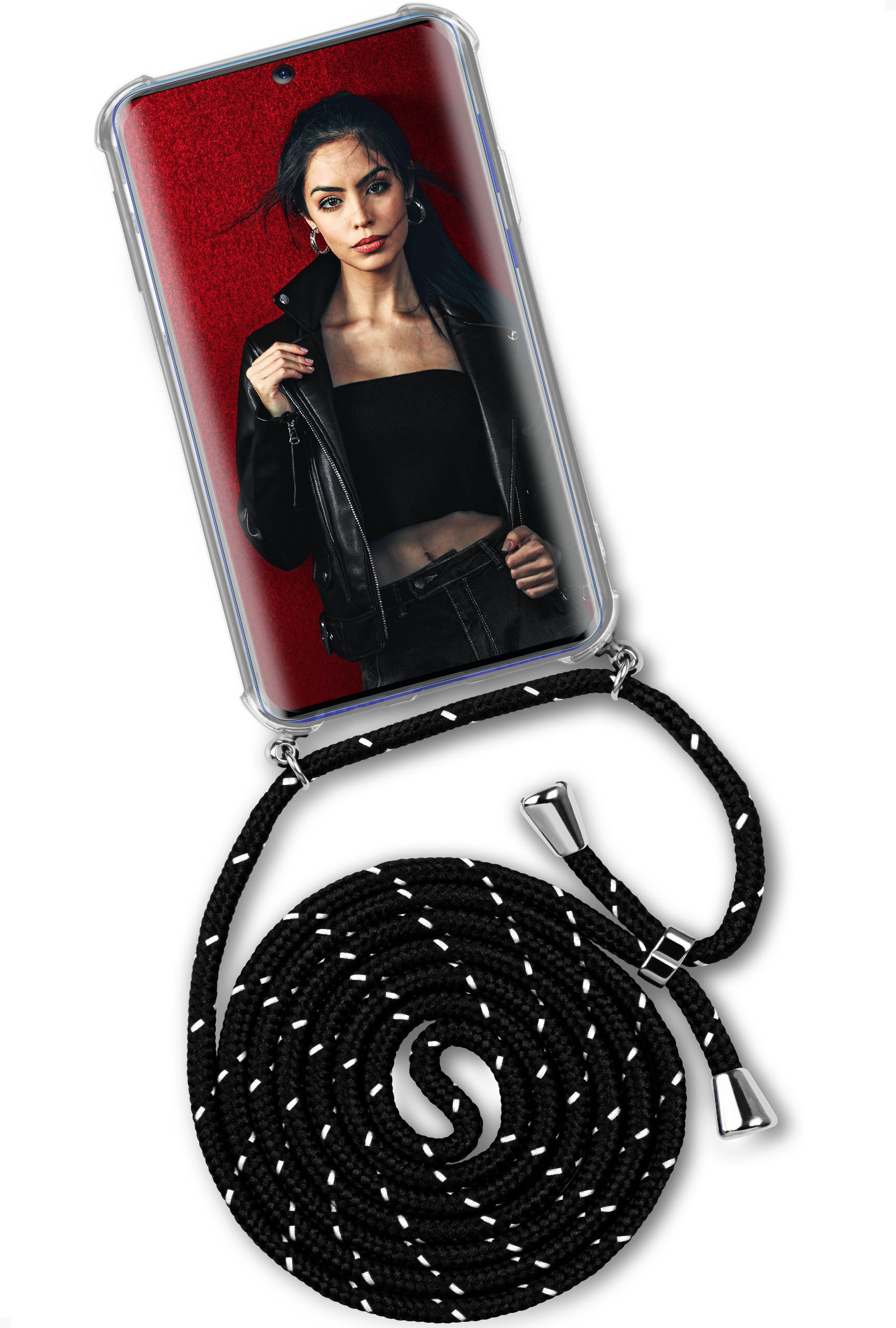 Transparente Handyhülle mit weiß gepunktetem schwarzem Lanyard. Telefon zeigt Frau in Lederjacke.