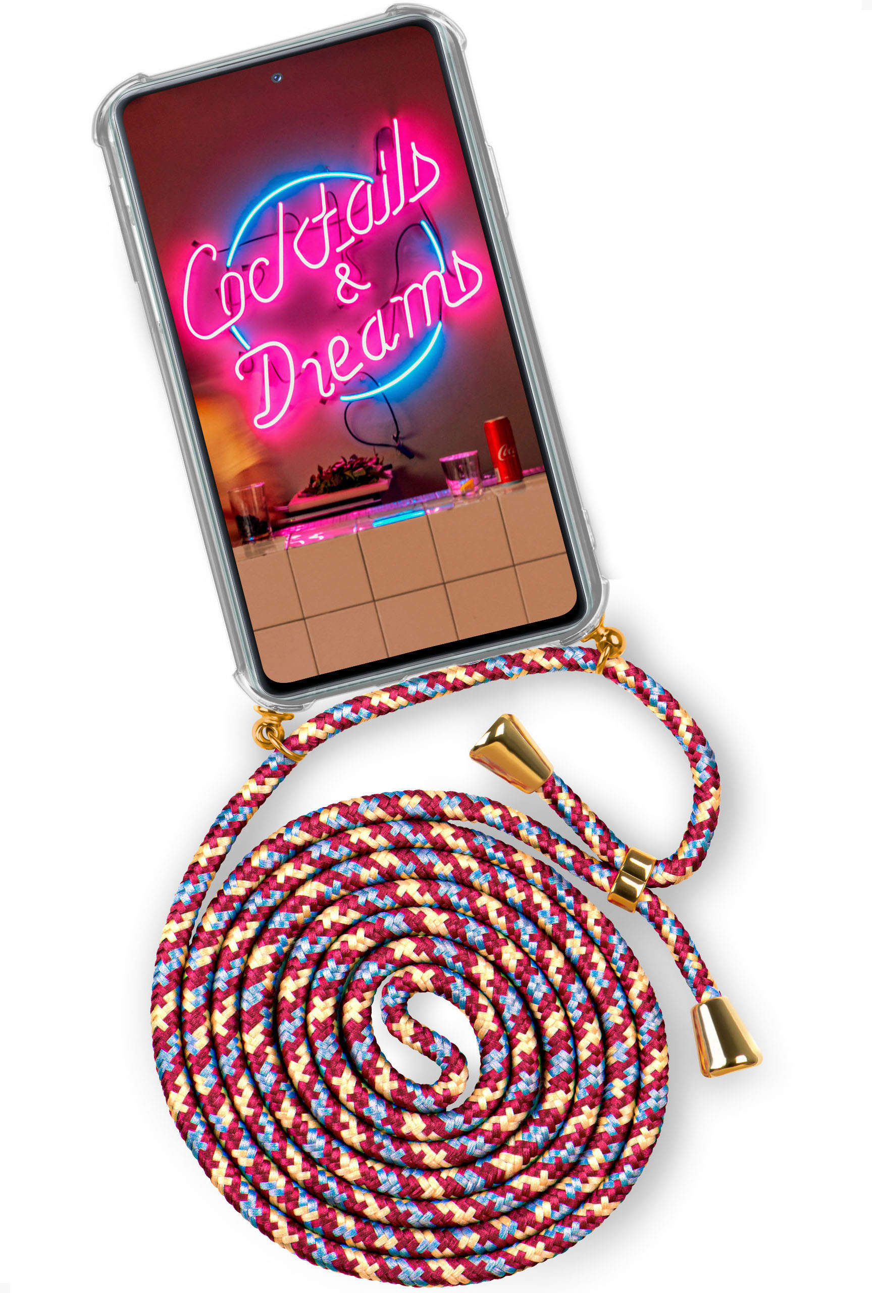 Handyhülle mit Neonbild. Rotes, blaues und weißes Umhängeband.