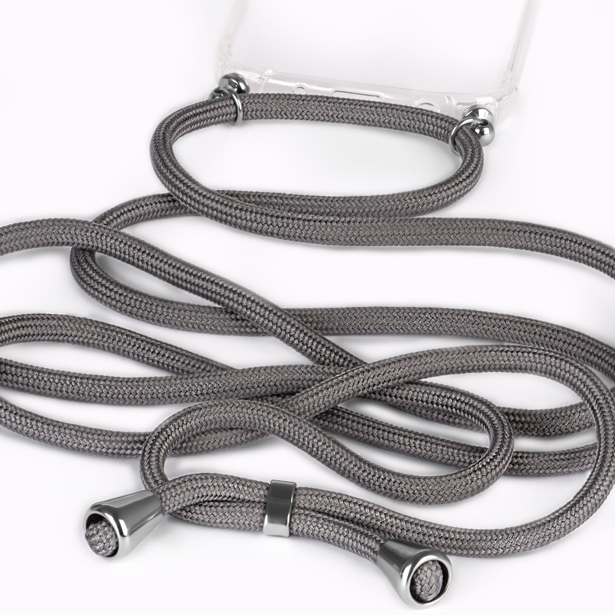 Graues Handy-Lanyard mit silbernen Akzenten auf weißem Hintergrund.