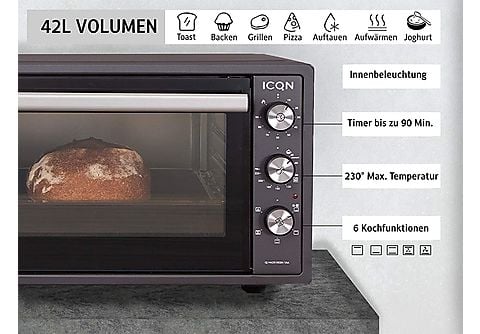 ICQN 42 Liter Minibackofen, 1300 W, Umluft, Pizza-Ofen, Doppelverglasung,  Timer, inkl. Backblech Set Minibackofen | SATURN