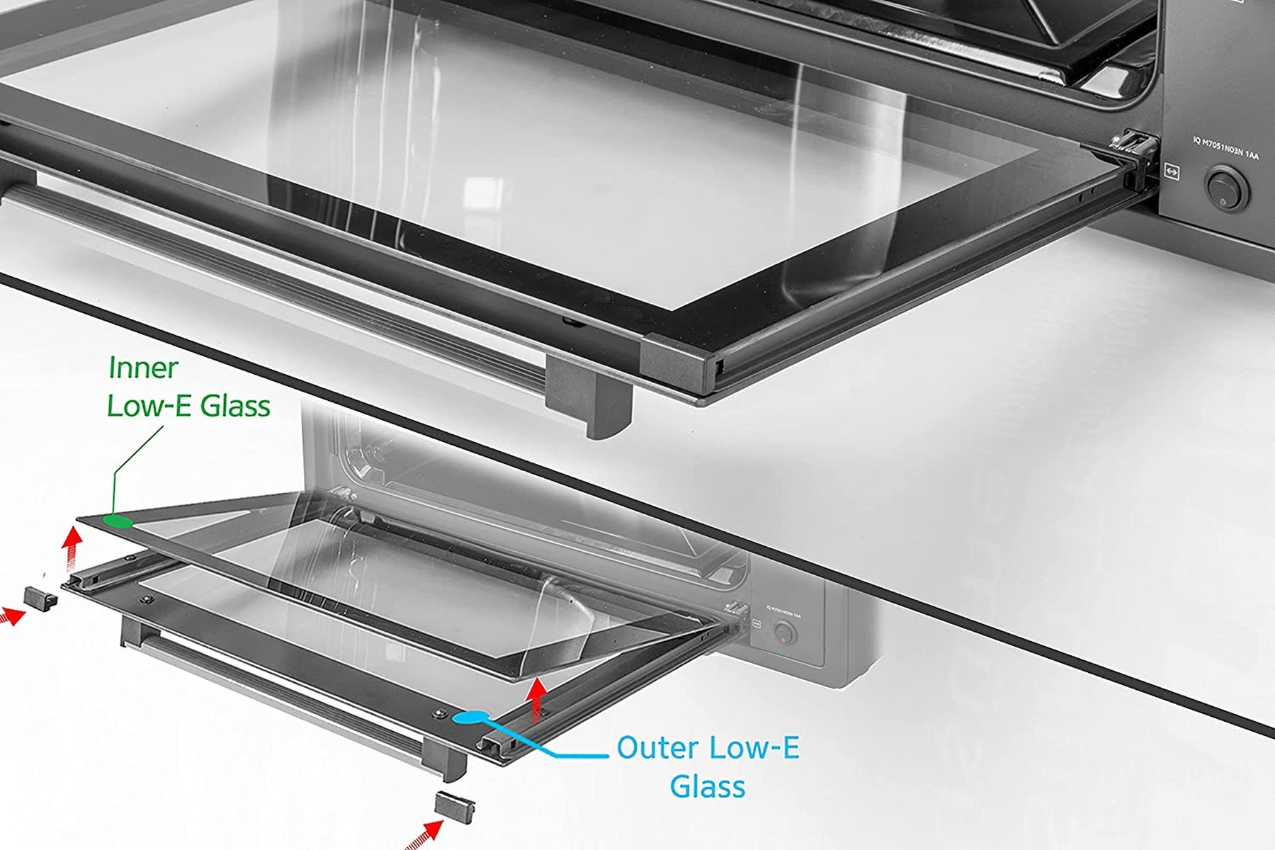 Glas-Backofentür-Komponenten, beschriftet als Inneres und Äußeres Low-E-Glas.