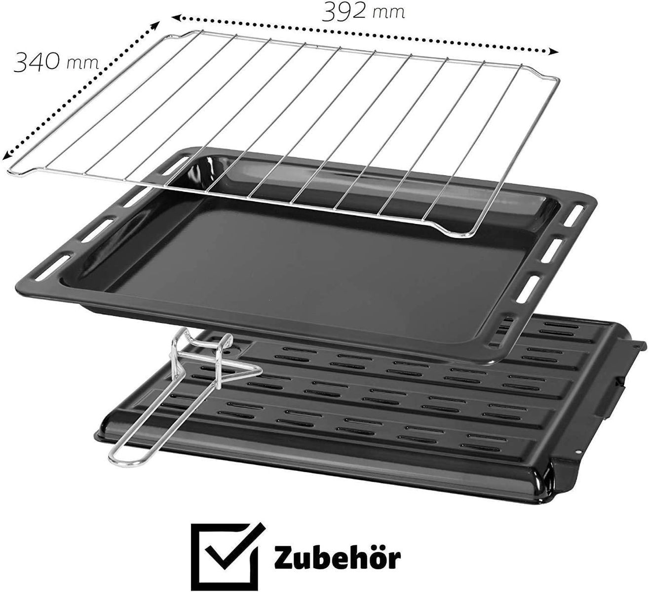 Ein Ofenrost, ein Backblech und eine untere Schale eines Küchenofens sind zur Präsentation angeordnet.