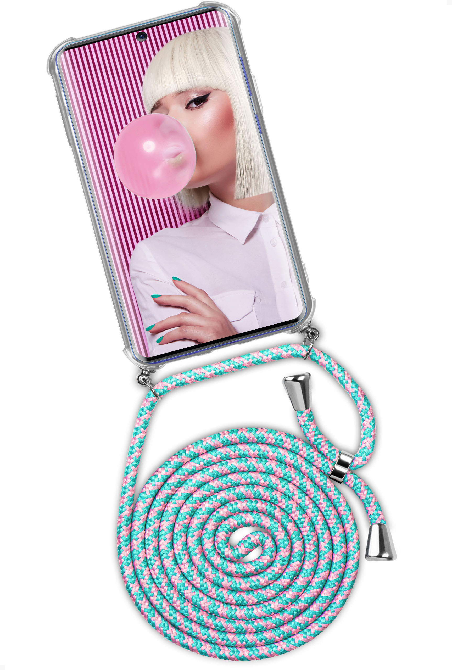 Ein Telefon mit rosa Kaugummiblase. Es hat eine rosa-blaue Schnur.