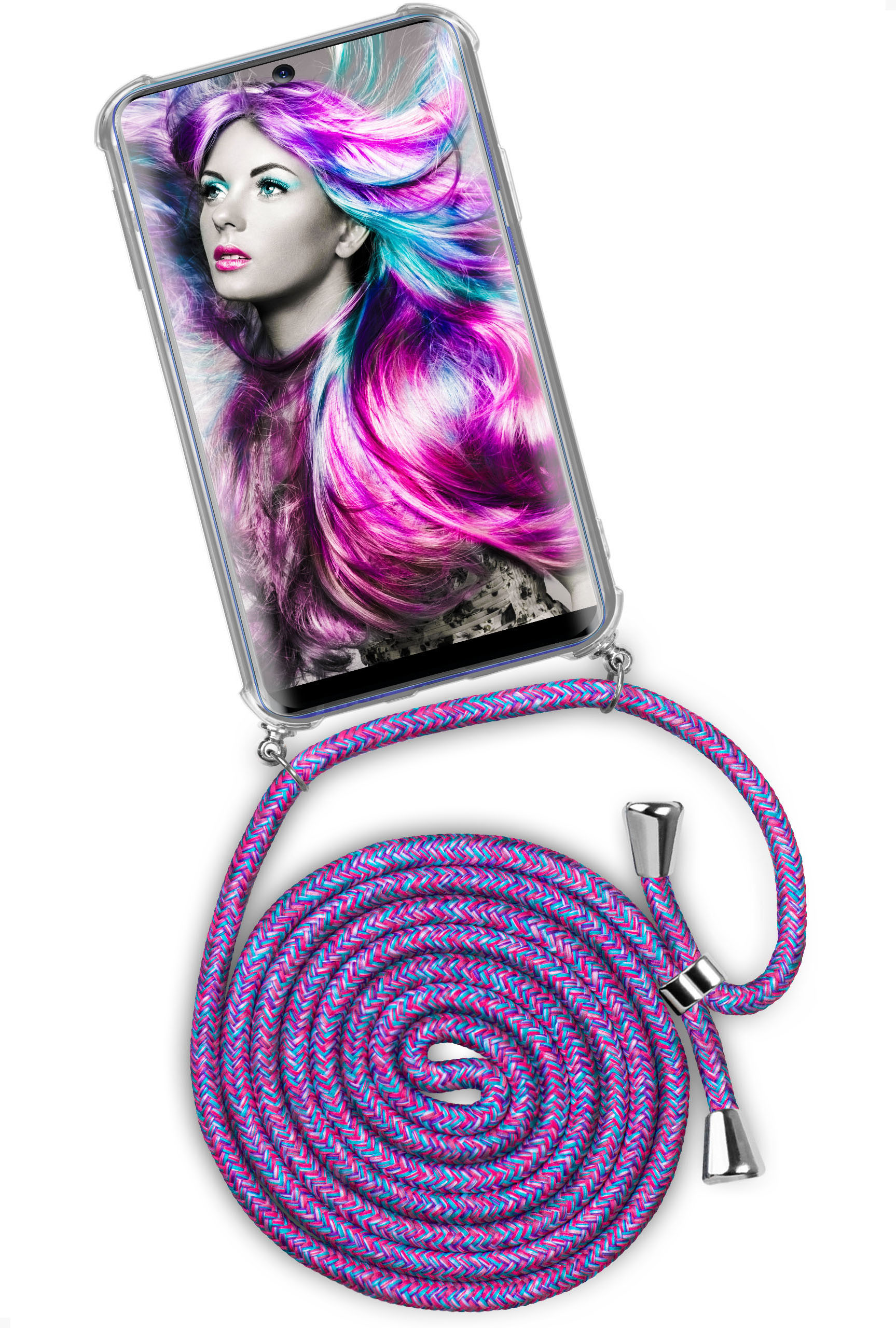 Telefon in klarer Hülle, lilafarbenes Kabel. Frau mit bunten Haaren. Weißer Hintergrund.