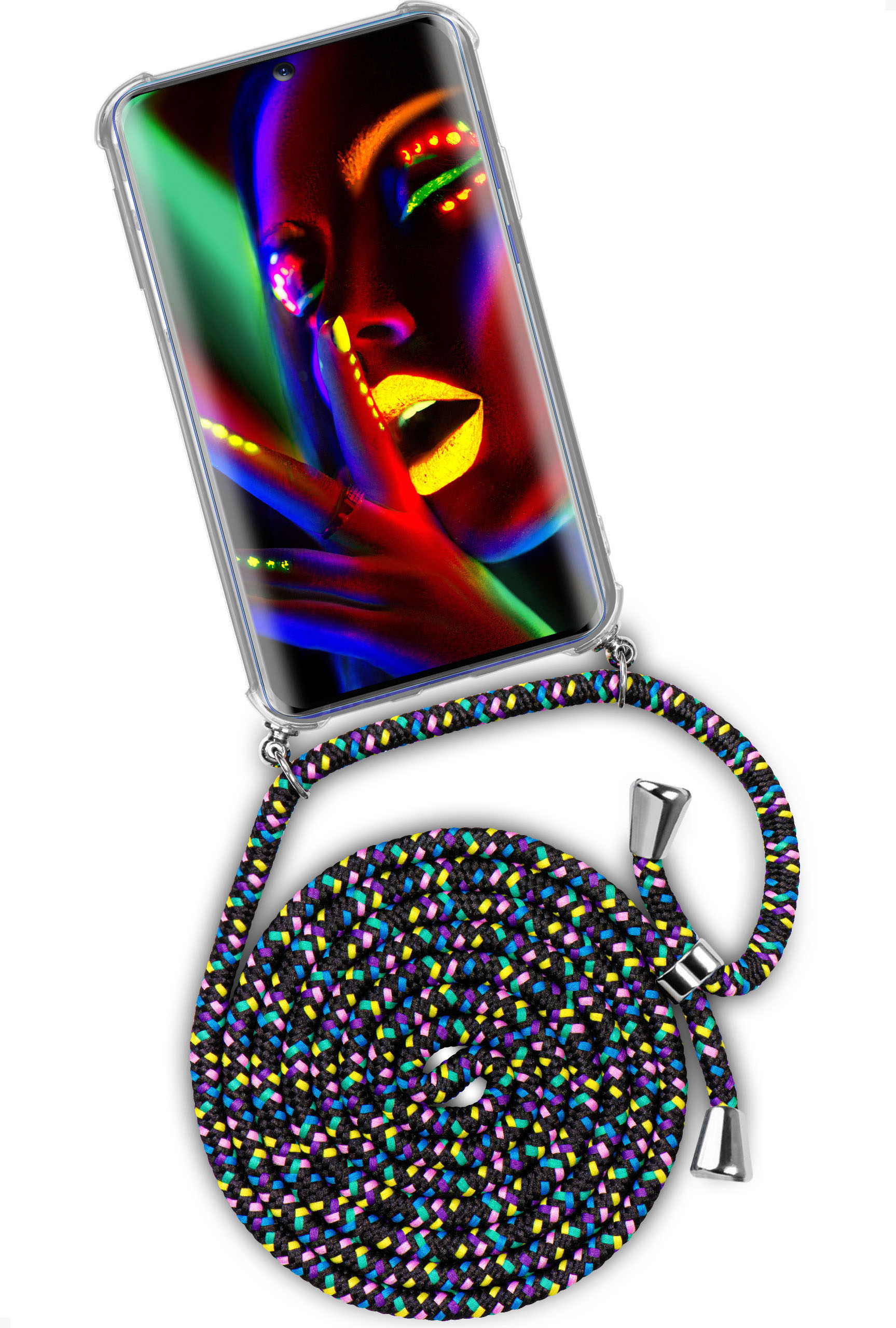 Handyhülle mit schwarzer Kordel mit verschiedenen Farben. Das Telefon zeigt eine Frau mit Neon-Make-up.