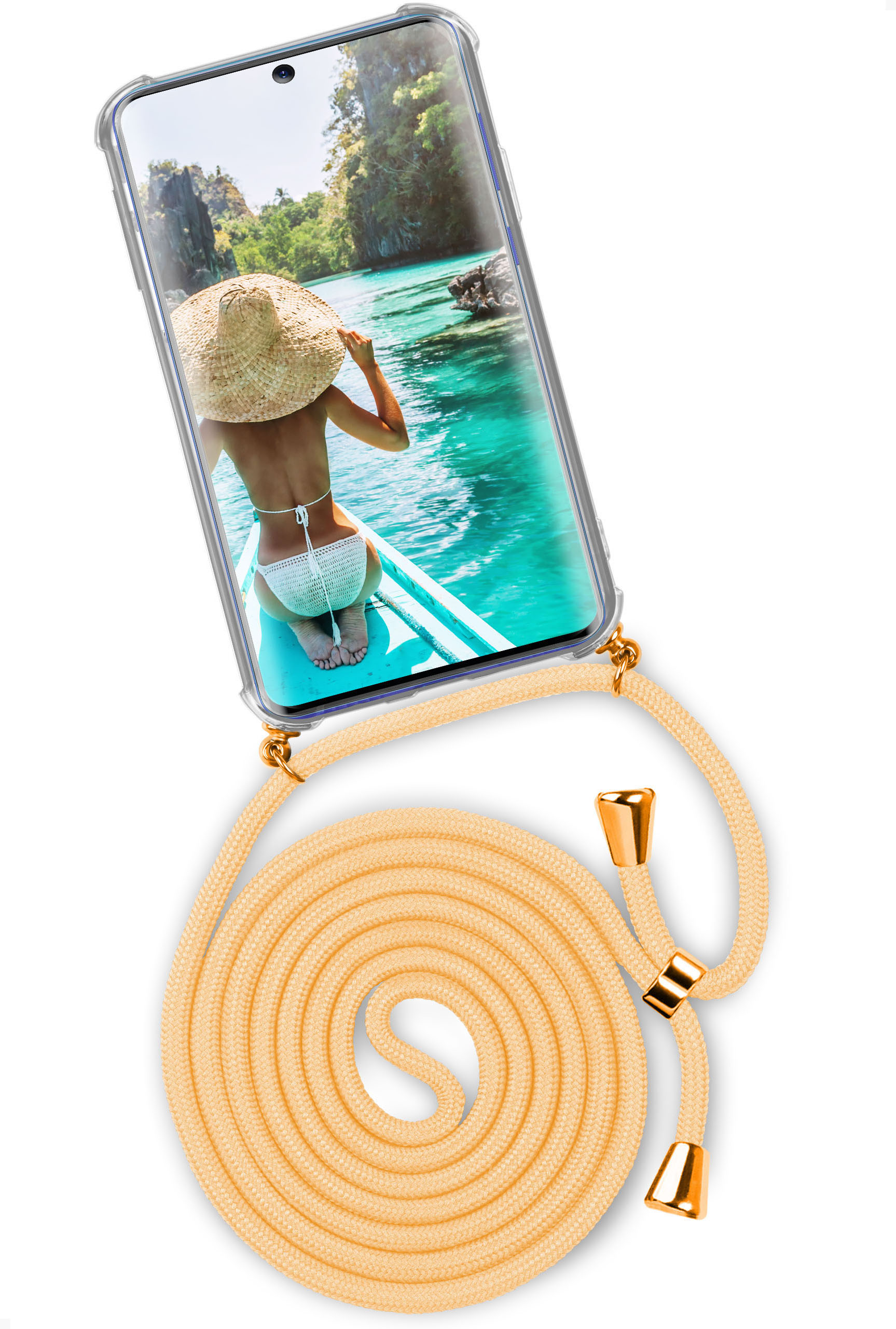 Telefon mit Strandszene auf dem Bildschirm, mit beigem Kordel.