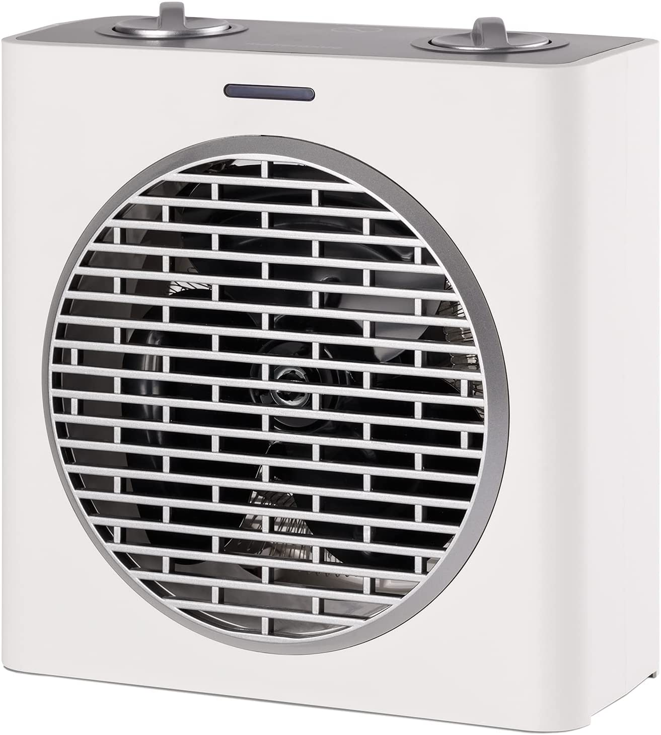 Ein weißer, kastenförmiger Ventilator mit schwarzem, kreisförmigem Gitter und zwei grauen Knöpfen.