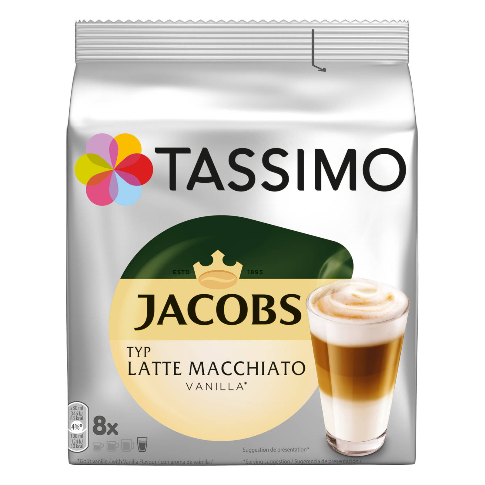 Tassimo Jacobs Latte Macchiato Packung mit Latte. Weißer Hintergrund.