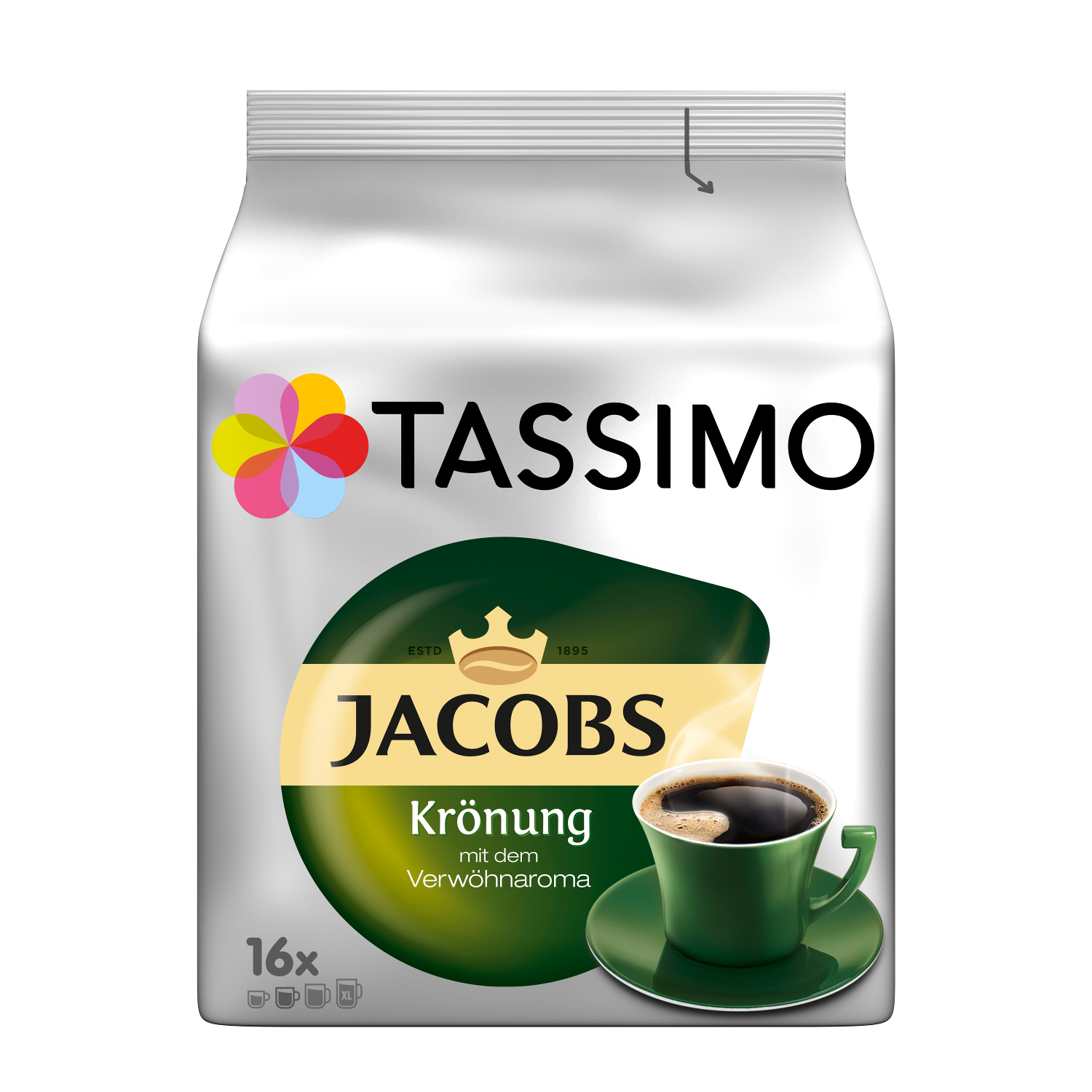 Jacobs Kaffeepackung und grüne Tasse Kaffee, mit weißem Hintergrund.