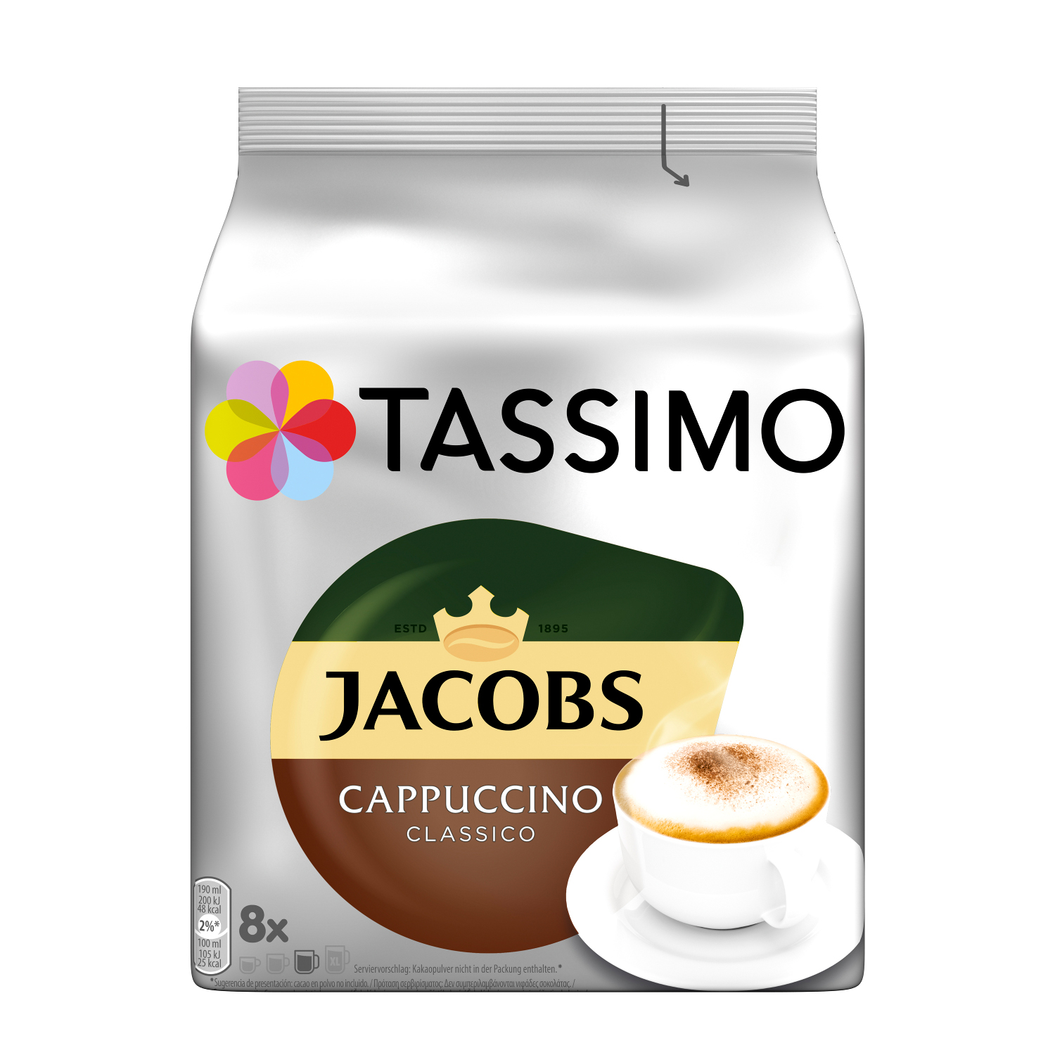 Eine Tassimo Jacobs Cappuccino-Packung mit einer Tasse Cappuccino auf einer weißen Untertasse.