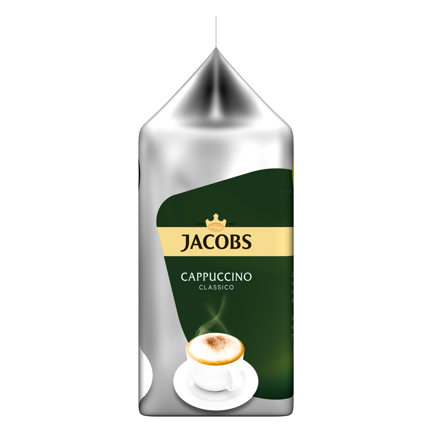 Jacobs Cappuccino Classico Kaffeepackung mit einer Tasse Cappuccino darauf.