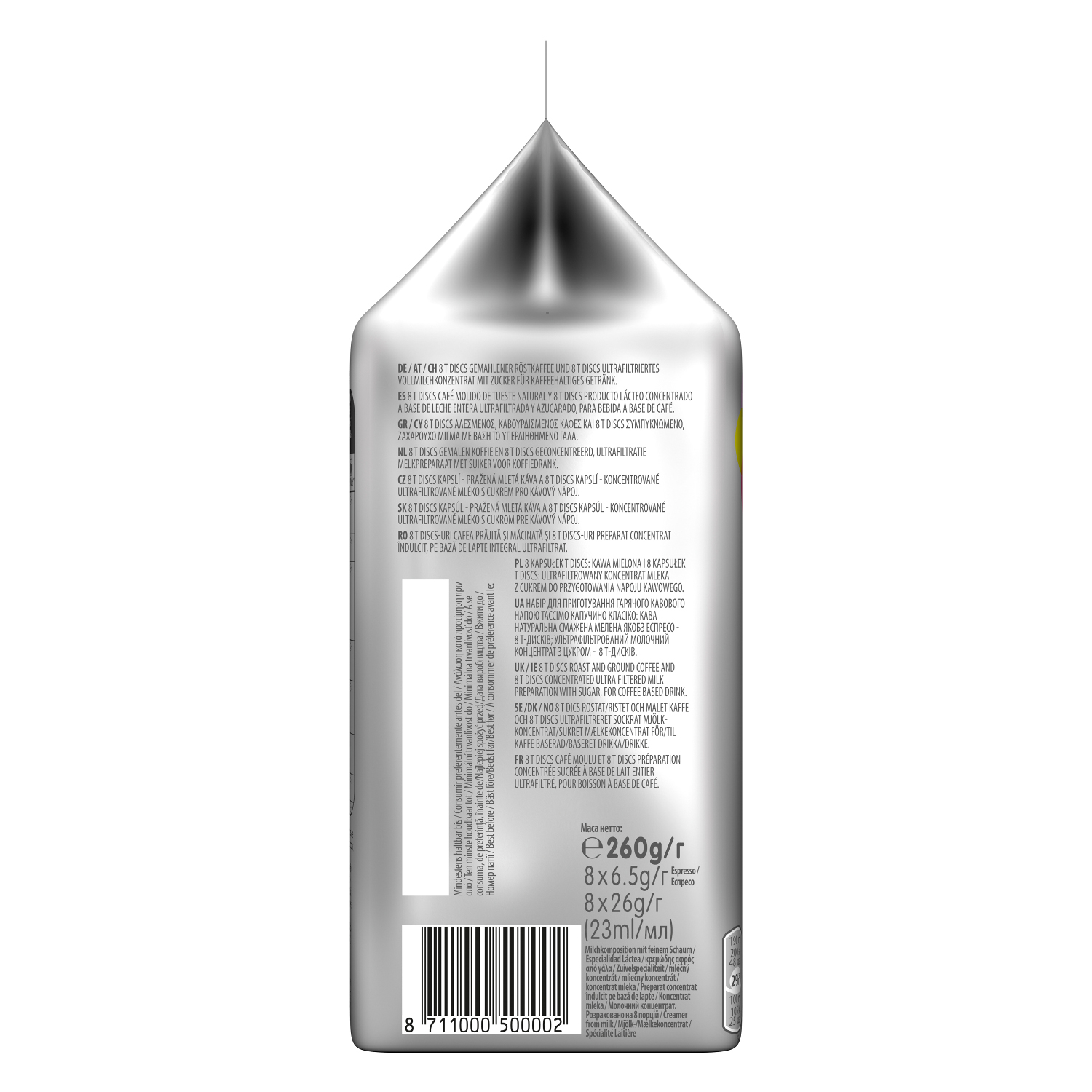 Eine silberne und weiße Produktverpackung mit Text in mehreren Sprachen.