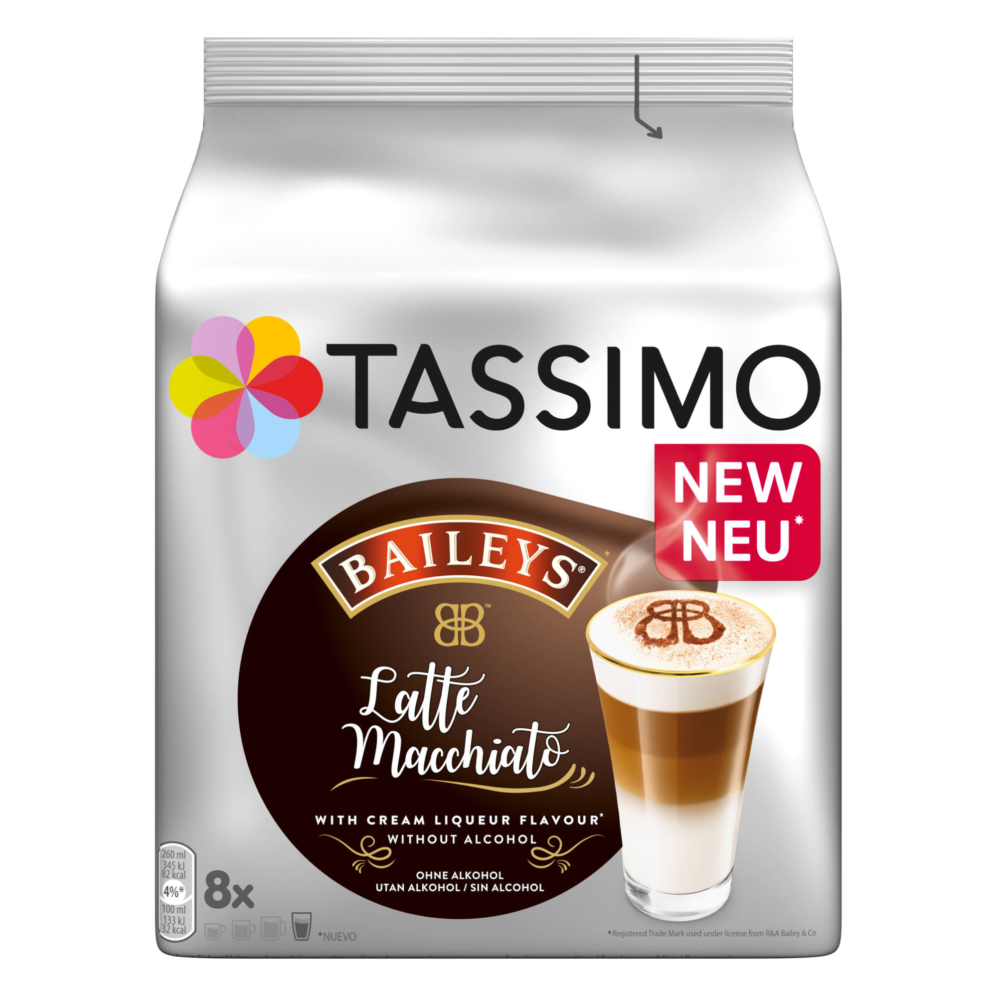Eine Tassimo Baileys Latte Macchiato Packung, mit einem Getränkebild.