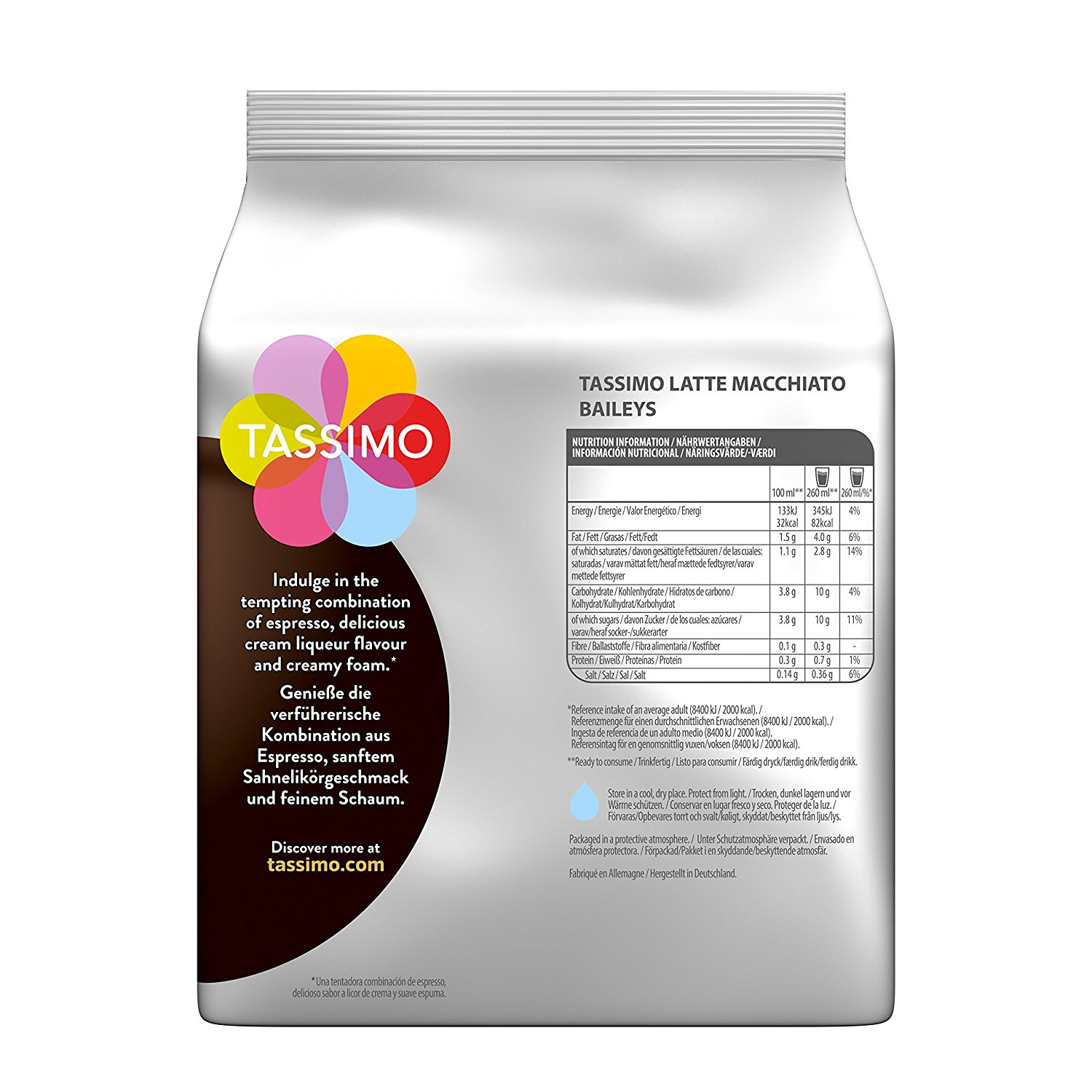 Emballage de café Tassimo Latte Macchiato Baileys avec texte et informations nutritionnelles.