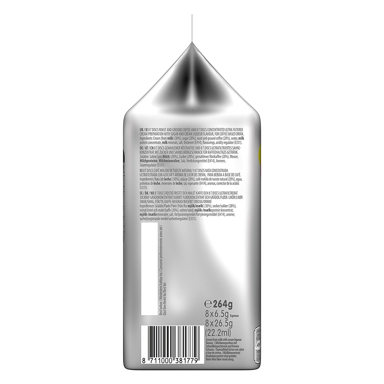 Dos d'un carton de boisson au café, texte en plusieurs langues. Fond blanc. Contient 264g. Code QR et code-barres.