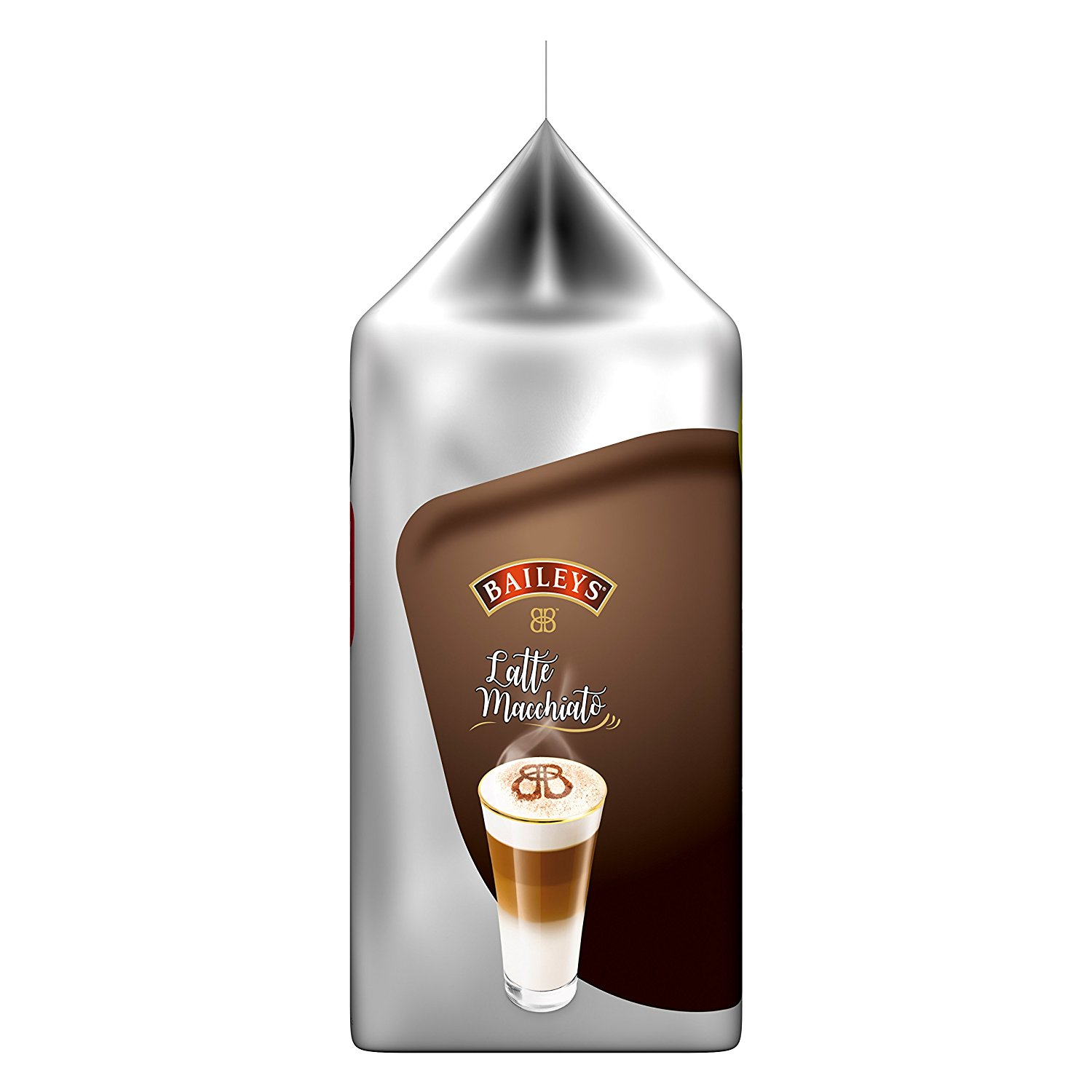 Une boîte de Baileys Latte Macchiato. L'emballage est argenté avec des accents marrons.
