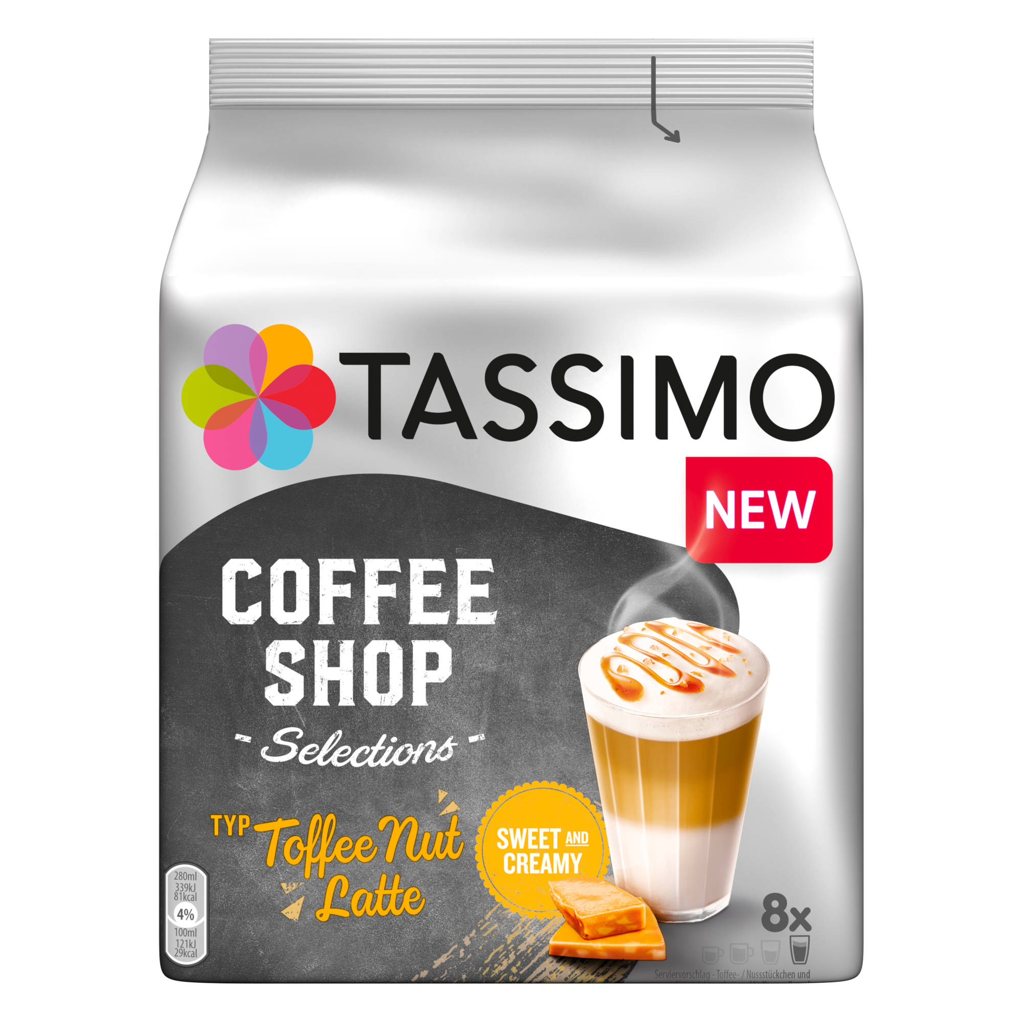 Tassimo Coffee Shop-Auswahl, mit Karamell-Latte-Bild und Text.