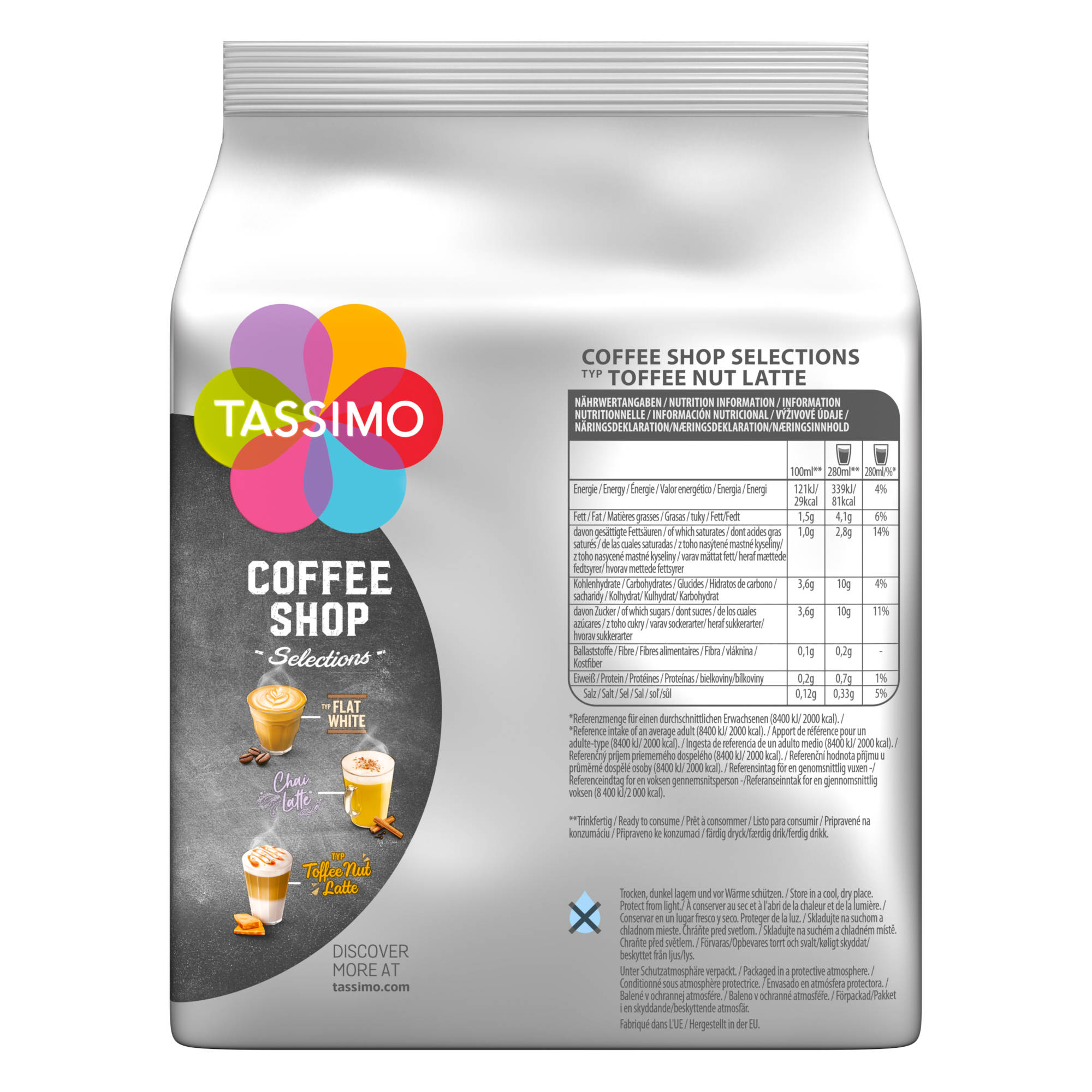 Eine weiße Tüte Tassimo Coffee Shop Toffee Nut Latte. Es enthält Nährwertangaben und Bilder.