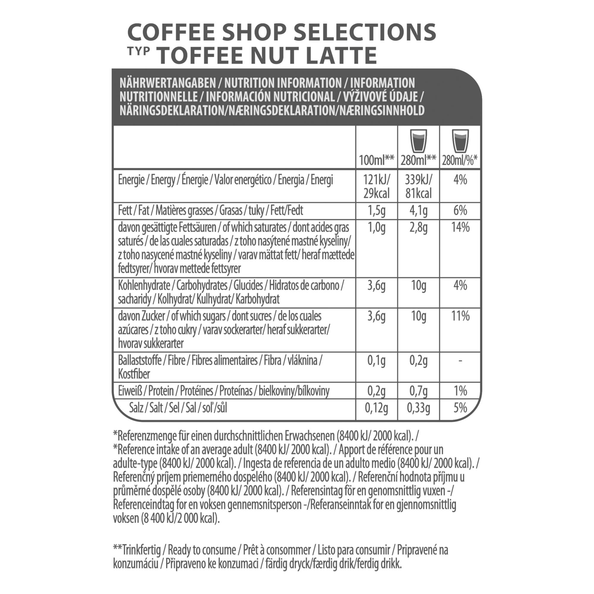 Ein Ernährungsetikett in mehreren Sprachen, das die Nährwertangaben für ein Kaffeegetränk detailliert.
