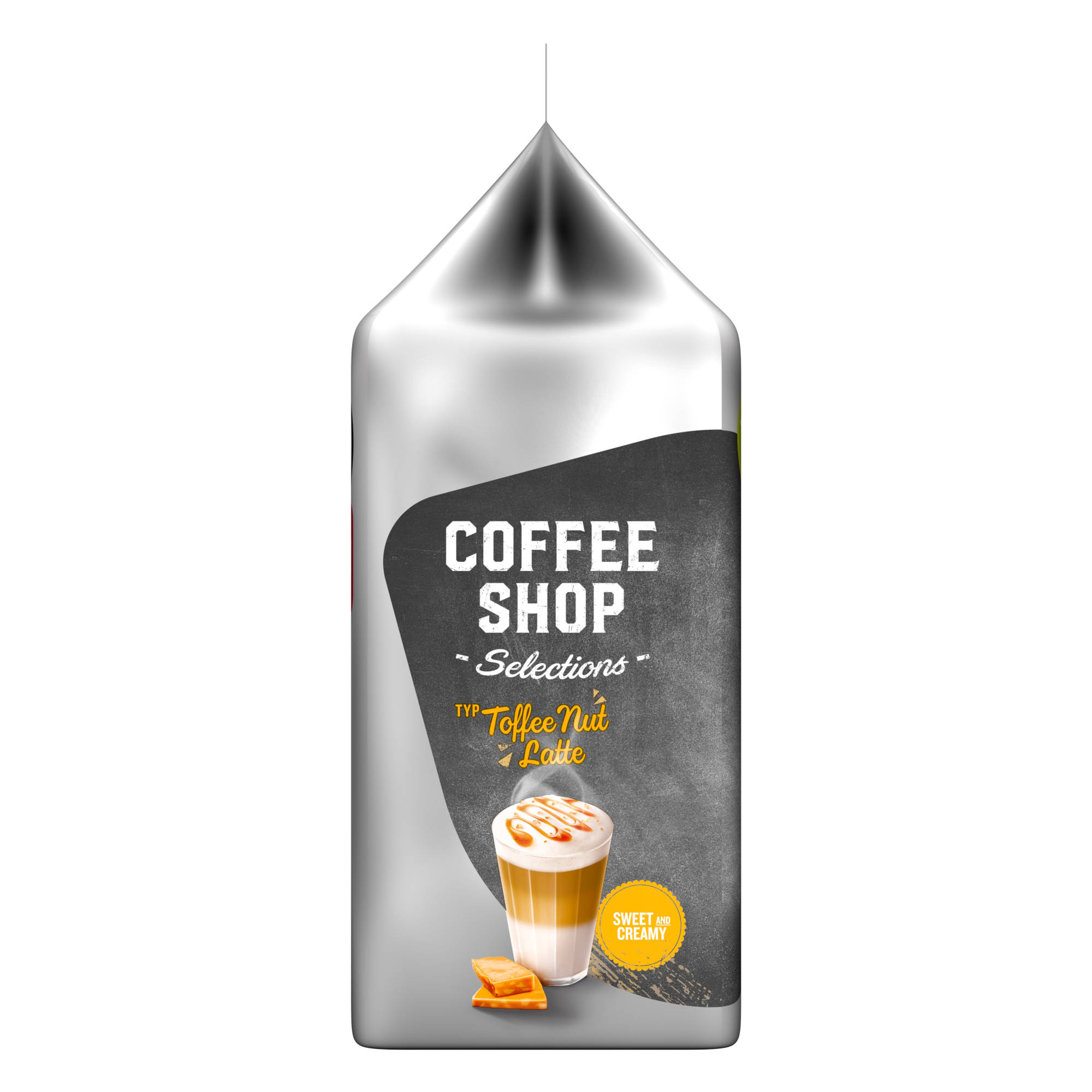 Eine silberne Kaffeepackung mit einem Bild eines Toffee Nut Latte. Text: Süß und cremig.