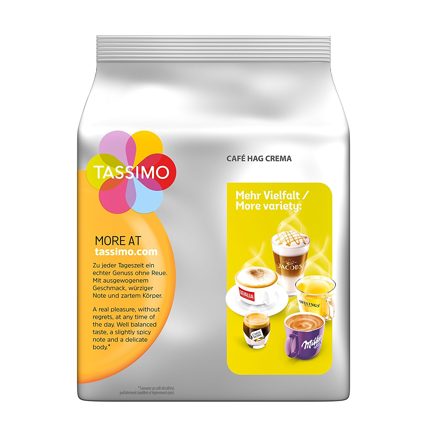 Beutel mit Tassimo Kaffeepads, mit Kaffeetassen und Text. Weißer Beutel, orangefarbene und gelbe Akzente.