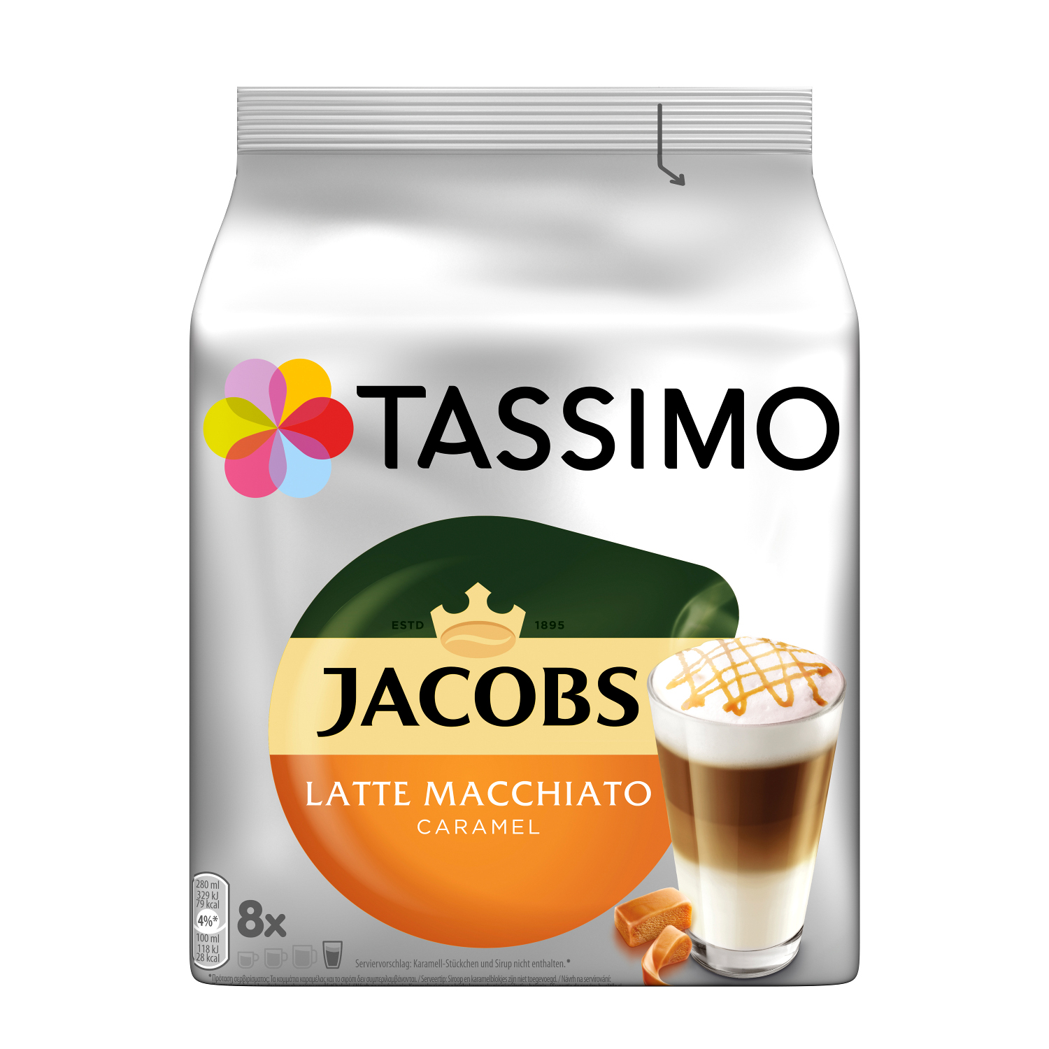 Tassimo Jacobs Latte Macchiato Caramel Packung. Bild des Getränks mit Karamell.