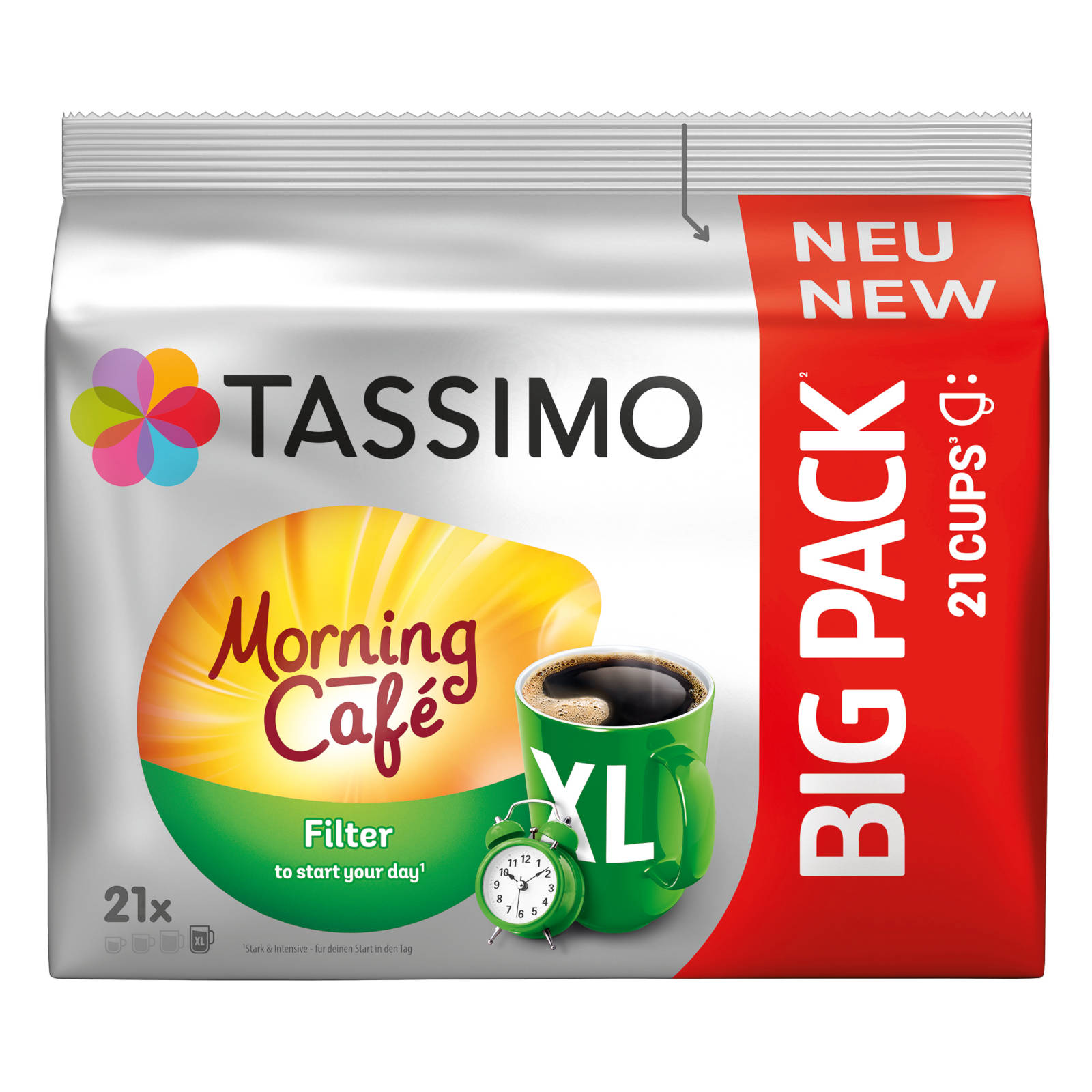 Tassimo Morning Cafe Kaffeepaket mit grüner Tasse und Wecker. Roter und weißer Hintergrund.